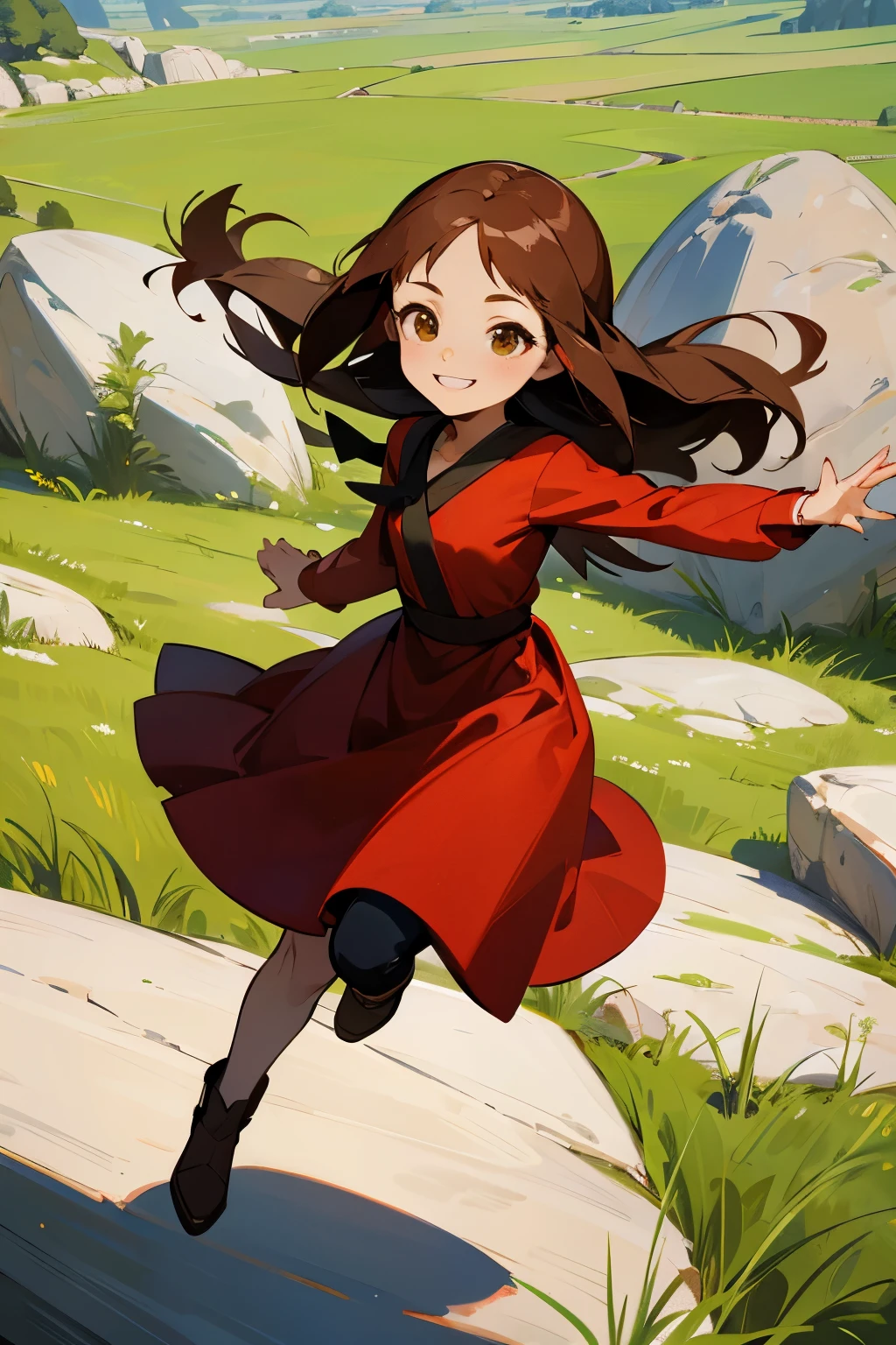 avatar, red dress, young female, hazel eyes, brown hair, rock terrain, grass background, long hair, ???, smiling