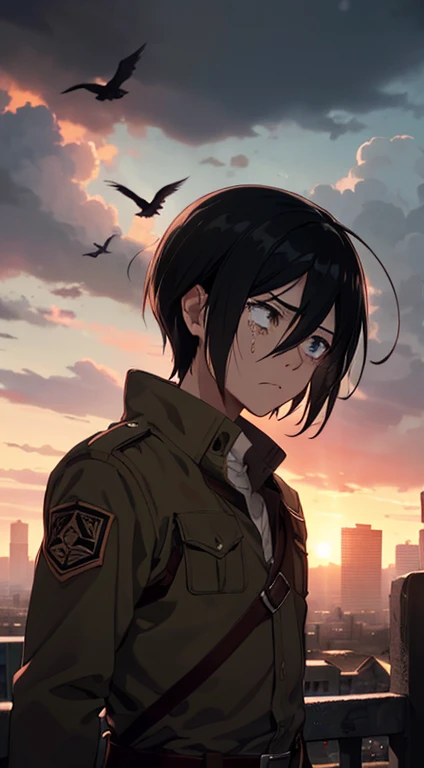 mikasa crying,erwin is dead,sky view,attack on titan,detail tears,highres,focus hero,detailed eyes,emotional moment,vivid colors,action scene,flying birds,expressive face,anime style,stormy clouds,dark and dramatic lighting,hopeless atmosphere,sorrowful girl,devastated landscape,sunset colors,emotional intensity,fading sunlight,heartbreaking scene,fallen comrades,detail expressions,sadness and loss,desperation and grief,mourning the fallen,heavy rain,windy weather,single tear rolling down,silhouette of the city,destruction and chaos,expressing pain and anguish,dark brooding atmosphere,gloomy sky shrouded in clouds,heroic sacrifice,overwhelming sadness,deep remorse