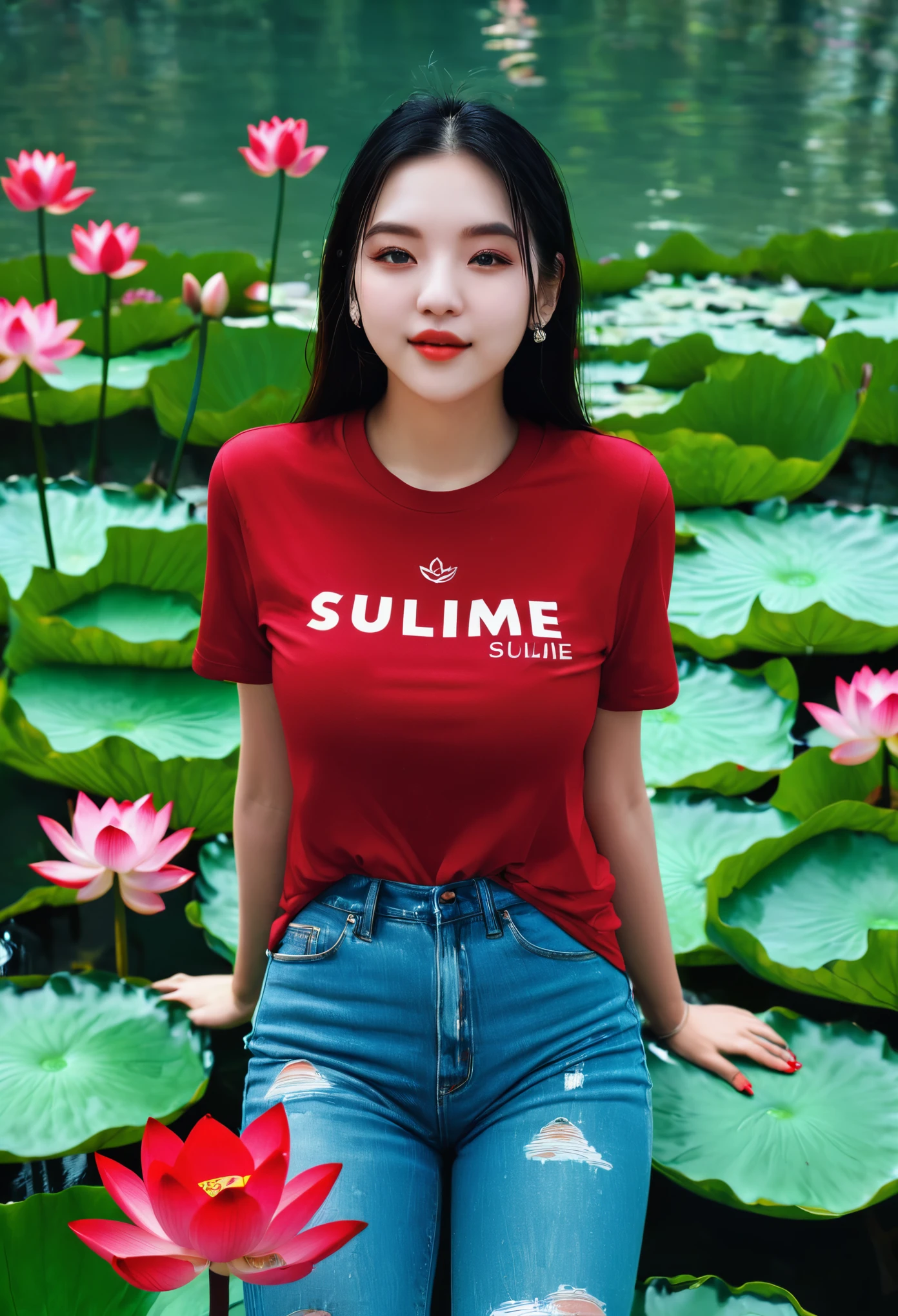 Sublime, Girl, Single, shirt, look at you, Face, Prominent, Flowers, High quality, radiant, Fars, pious, red shirt, Red velvet, water, Ocean, Lotus