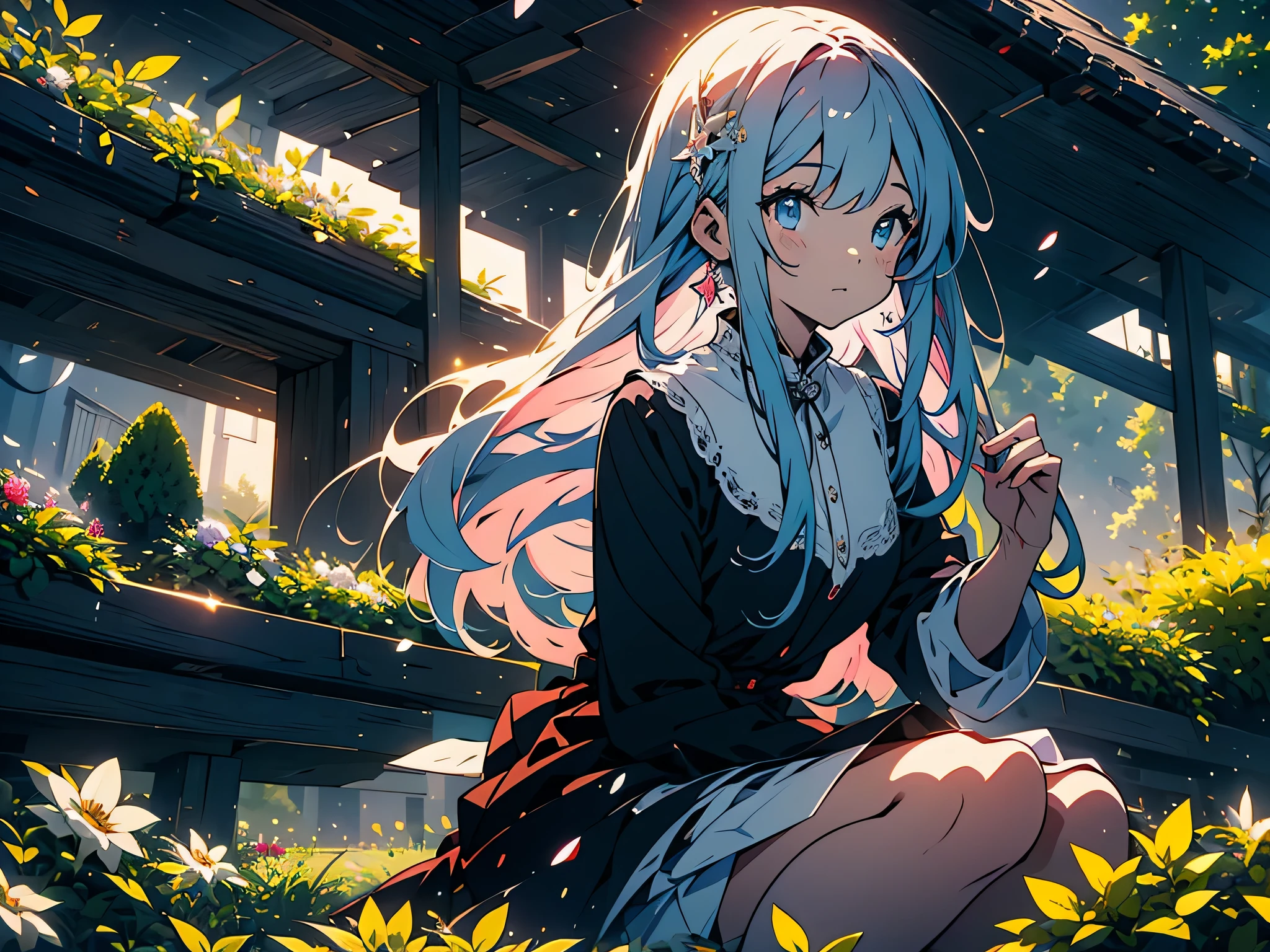 (masterpiece, highest quality,shining eyes、From Kira), One girl with long gray hair sitting in a field of green plants and flowers, warm moonlight, blurred foreground, change, River bank, (bra shorts), enchanting eyes、beautiful anime