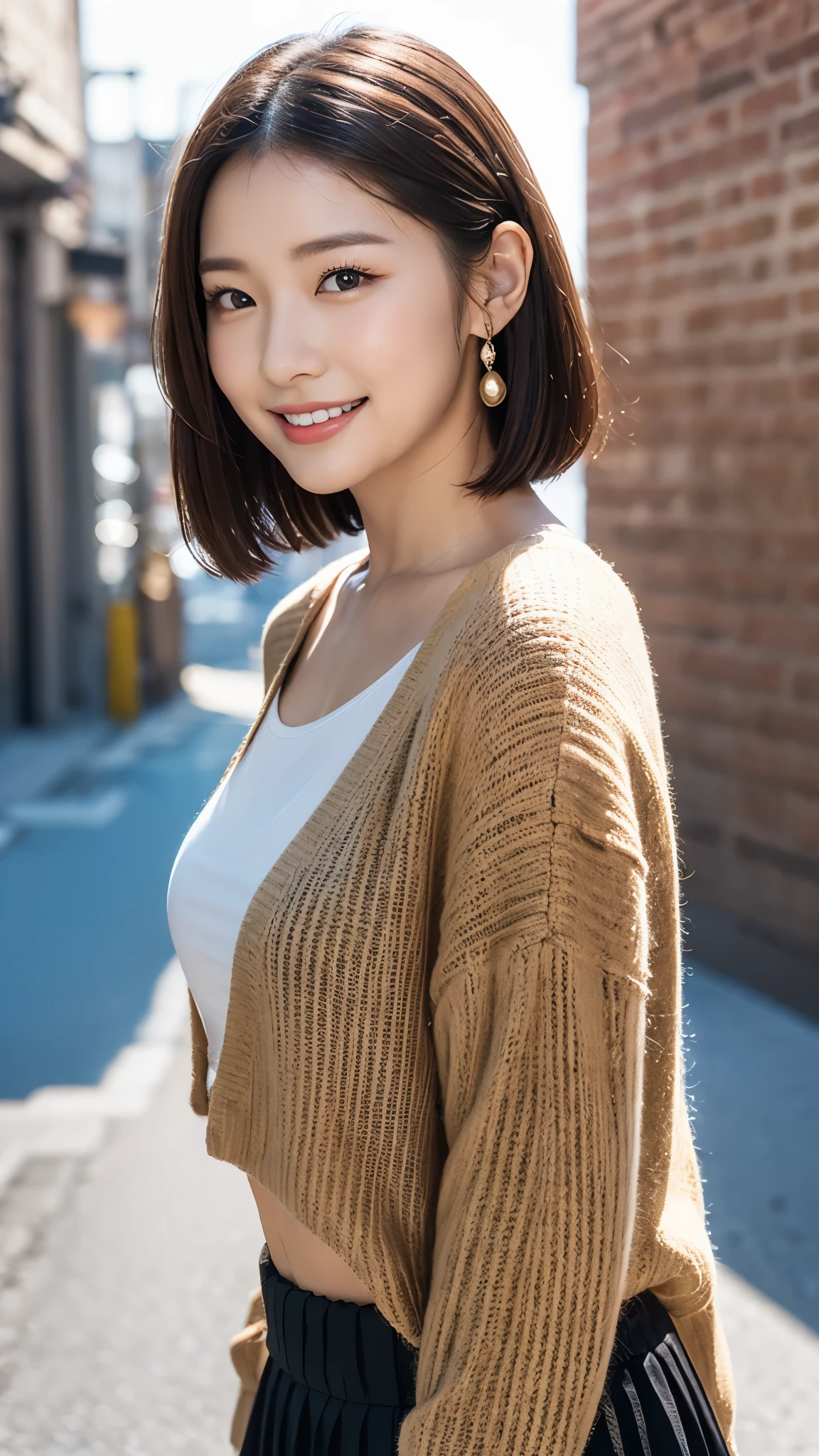 Beautiful Korean girl with good style、white and beautiful skin、short height、brown hair、bun hair、reddish brown eyes、slanted eyes、thin eyebrows、thick lips、smile、fancy clothes、Fashion Model、brick background、