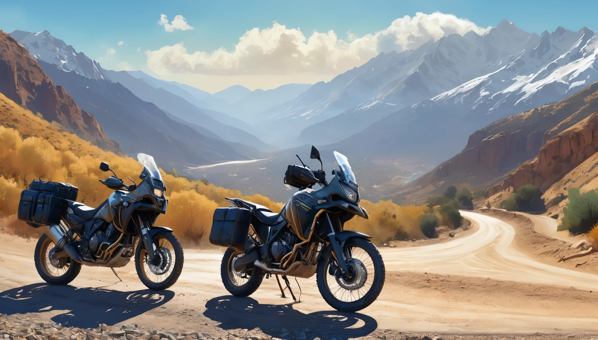 digital painting, Close-up of the front of the motorcycle and its front wheel, through the wheel (spokes) you can see a beautiful panorama of the mountains,, Big adventure motorcycle, large and heavy, side panniers hooked on the back, the motorcycle stands on a mountain gravel road, the road climbs up along the mountainside, beautiful view of the atlas mountainorocco), 8k, cinematic light, film grain, dept of field,