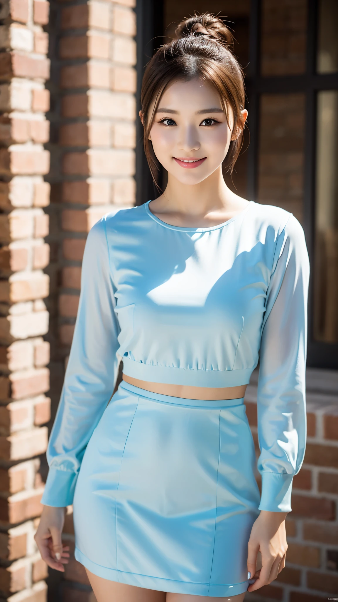 Beautiful Korean girl with good style、white and beautiful skin、short height、brown hair、bun hair、reddish brown eyes、slanted eyes、thin eyebrows、thick lips、smile、fancy clothes、Fashion Model、brick background、