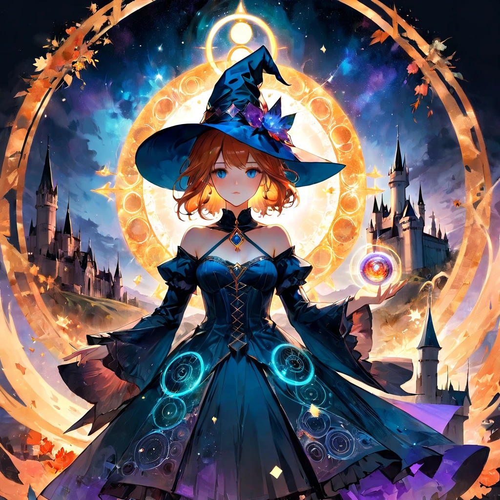 (Magic Circle:1.5), aesthetic, extremely detailed, Digital fantasy double exposure watercolor silhouetted pretty young sorceress woman with witch hat doing a magic spell with a present castle sunset in the dress. Geometric forms in the background, by Waterhouse, Carne Griffiths, Minjae Lee, Ana Paula Hoppe, Stylized watercolor art, Intricate, Complex contrast, HDR, Sharp, soft Cinematic Volumetric lighting, flowery fractal colours, wide long shot, perfect masterpiece