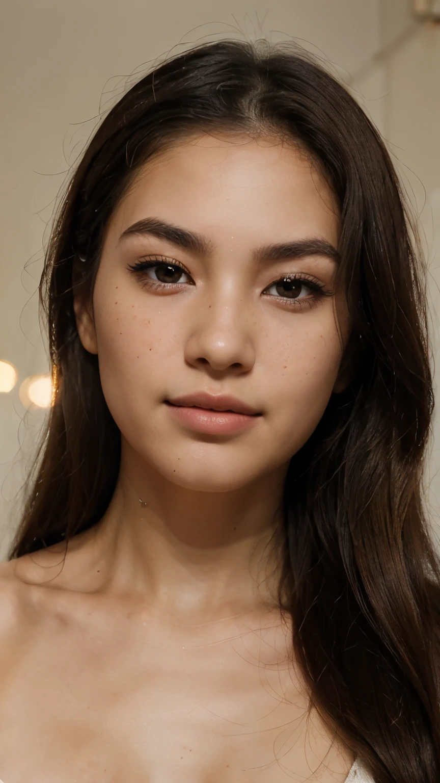 “A teenage of about 27 to 28year old Asian girl with fair skin and brown eyes is looking at the camera. Her almond-shaped eyes have a deep brown iris. She has a soft smile on her naturally pink lips and less dense eyebrows. Her hair is long and black. She has a chubby, oval-shaped face with high cheekbones and a medium-sized nose. Her skin has a natural glow, freckles, and a subtle blush. She is under soft lighting that highlights her skin texture. She is looking upwards, showing her long eyelashes. Her full lips have a natural gloss. She has various expressions, from surprise to laughter. A high-resolution image captures all her skin details. She is posing for a photoshoot with slight makeup, enhancing her natural beauty a little shine in her hair for clarity or texture even tone in skin highly detail photoshoot for the front face from a distance of about 1 to 1.5 metre with slight blush and face structure from urvashi rautela crystal clear skin with natural glow with highly detailing skin smooth texture