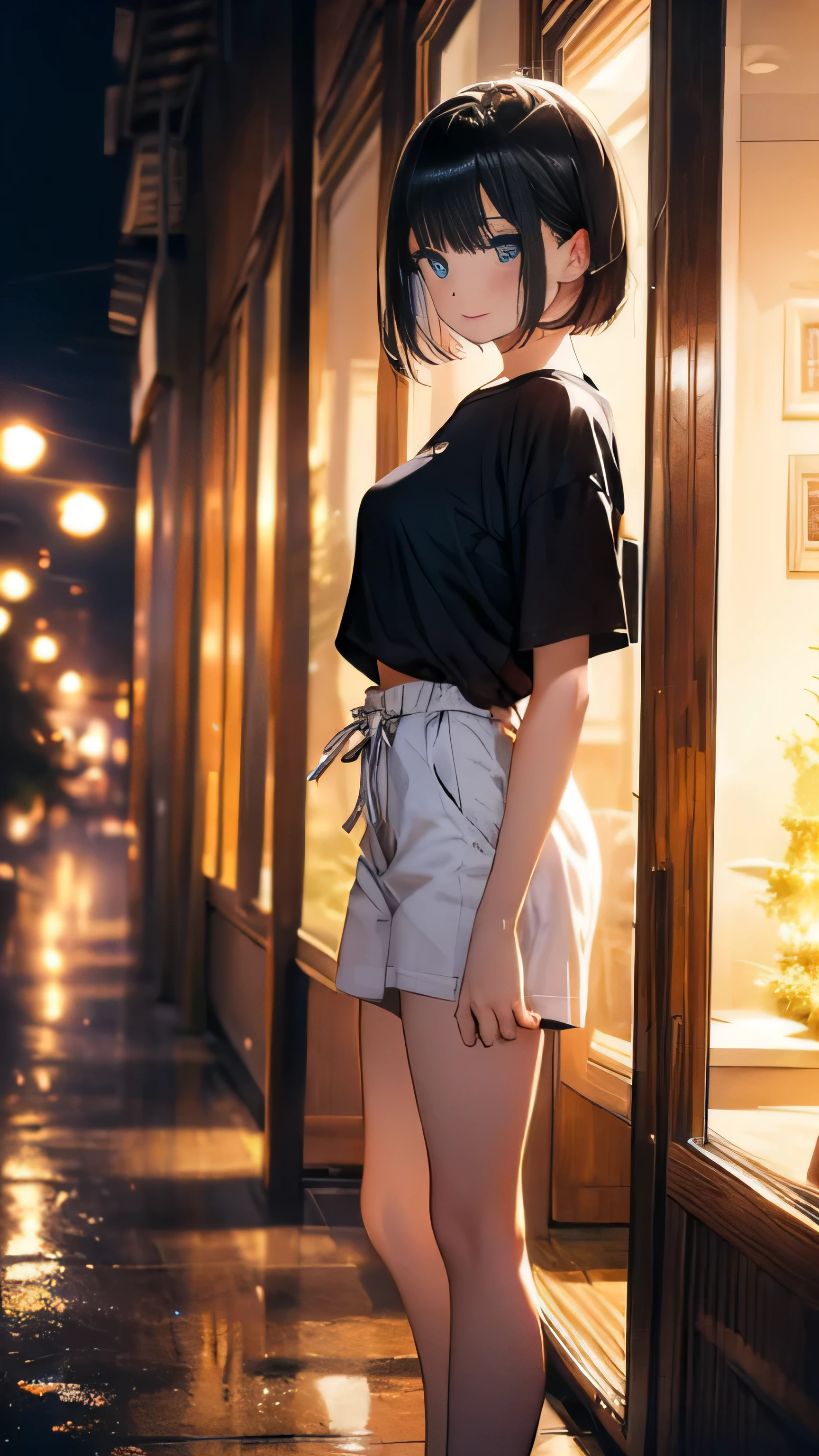 highest quality, masterpiece, night, woman1名, Are standing, From the side, ((((alone))), whole body, anime, film portrait photography, woman, blue eyes, black hair, short bob hair, wearing a black T-shirt, anime, Moe art style, 8k,