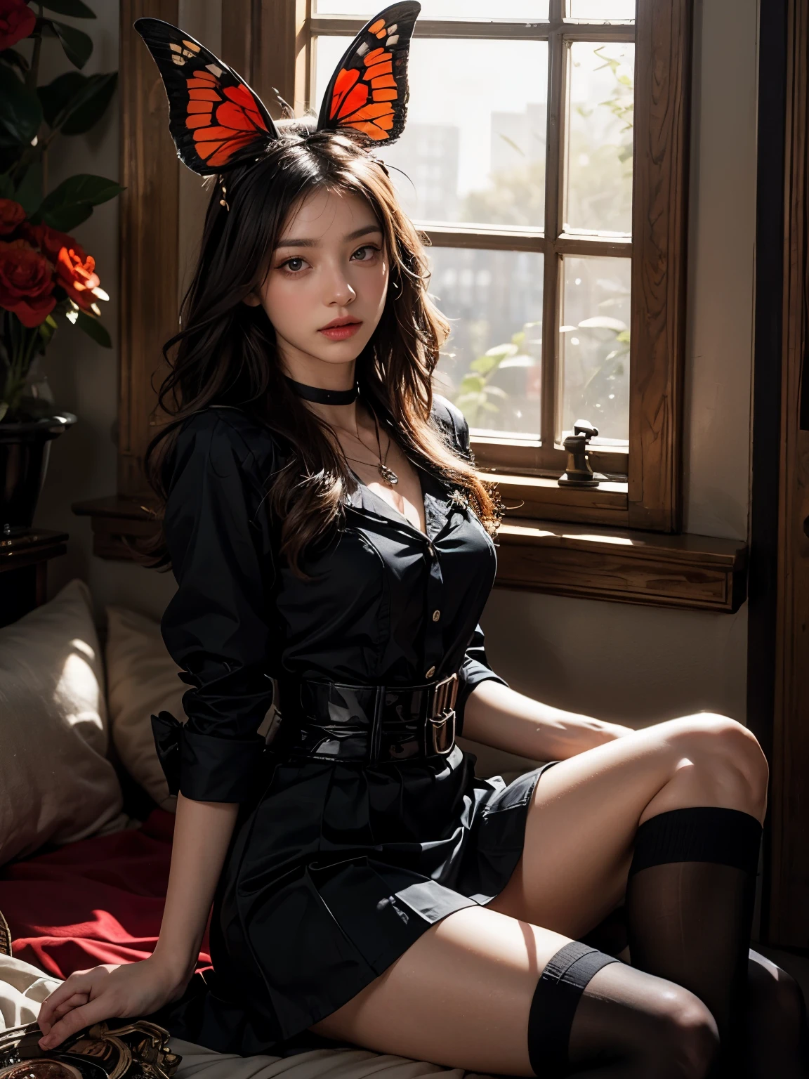 Expressionless,,(Dark Fantasy),((Wonderful Illustration)),(Detail Splash), long black hair, red pupils, girl, pure black dress, only the collar, cuffs and skirt are dark red, ears Pinned to the side is a red butterfly barrette, masterpiece, best quality, high quality, headpiece,, red and black crystal necklace, black knee socks