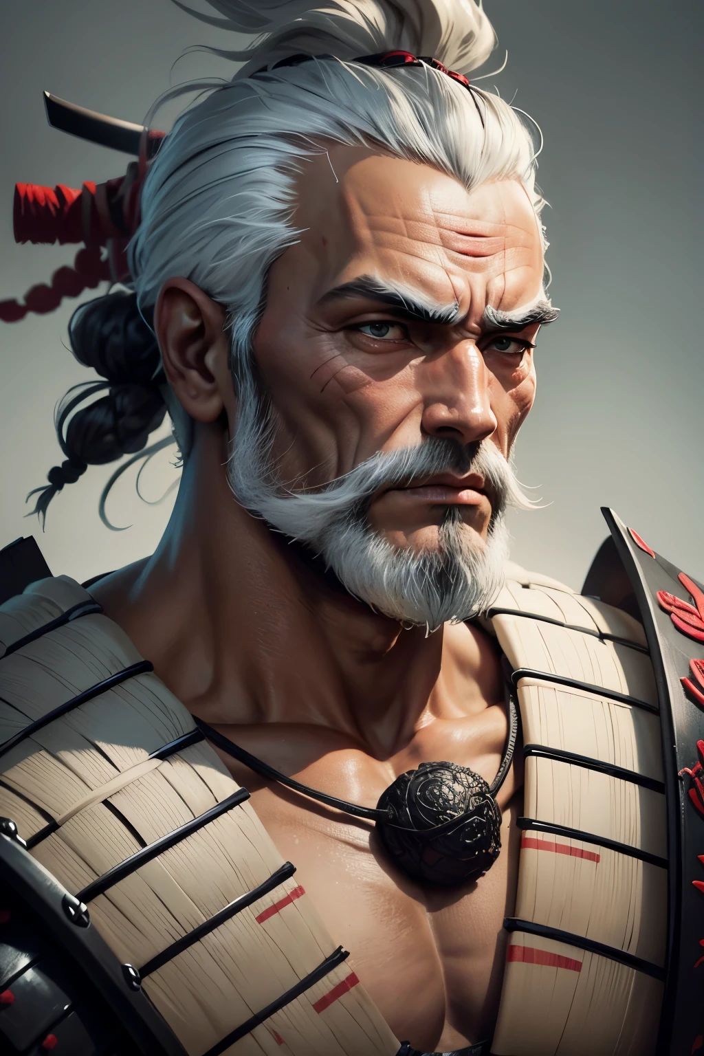 fantasy, high detail, RAW color photo, masterpiece, best quality, super detail, illustration, RPG, old man warrior, (fantasy), thin body, textured body, (detailed skin), (high detail, hyper detail, intricacy), ( gray beard: 1.4) bald, covered clothes, fur clothes, red eyes, background cave, Intricate, High detail, Sharp focus, Dramatic, Photorealism