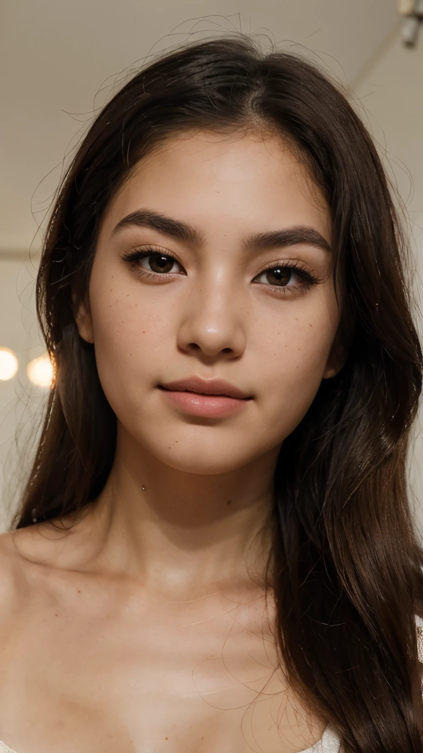 “A teenage of about 27 to 28year old Asian girl with fair skin and brown eyes is looking at the camera. Her almond-shaped eyes have a deep brown iris. She has a soft smile on her naturally pink lips and less dense eyebrows. Her hair is long and black. She has a chubby, oval-shaped face with high cheekbones and a medium-sized nose. Her skin has a natural glow, freckles, and a subtle blush. She is under soft lighting that highlights her skin texture. She is looking upwards, showing her long eyelashes. Her full lips have a natural gloss. She has various expressions, from surprise to laughter. A high-resolution image captures all her skin details. She is posing for a photoshoot with slight makeup, enhancing her natural beauty a little shine in her hair for clarity or texture even tone in skin highly detail photoshoot for the front face from a distance of about 1 to 1.5 metre with slight blush and face structure from urvashi rautela crystal clear skin with natural glow