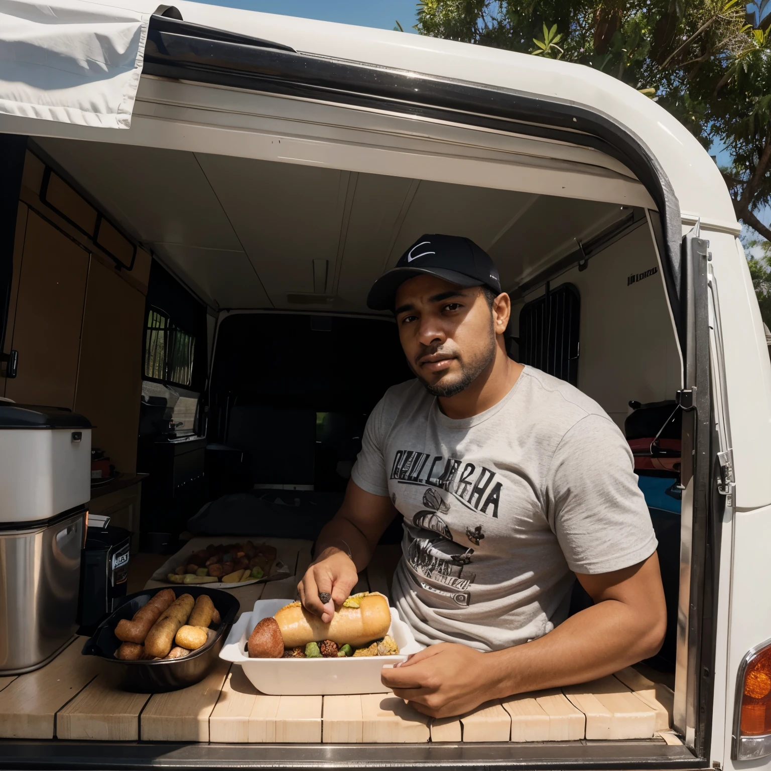 Crie um homem gordinho, negro muito claro. Na frente de um trailer de cachorro quente 🌭. Segurando uma placa. Estamos fechado