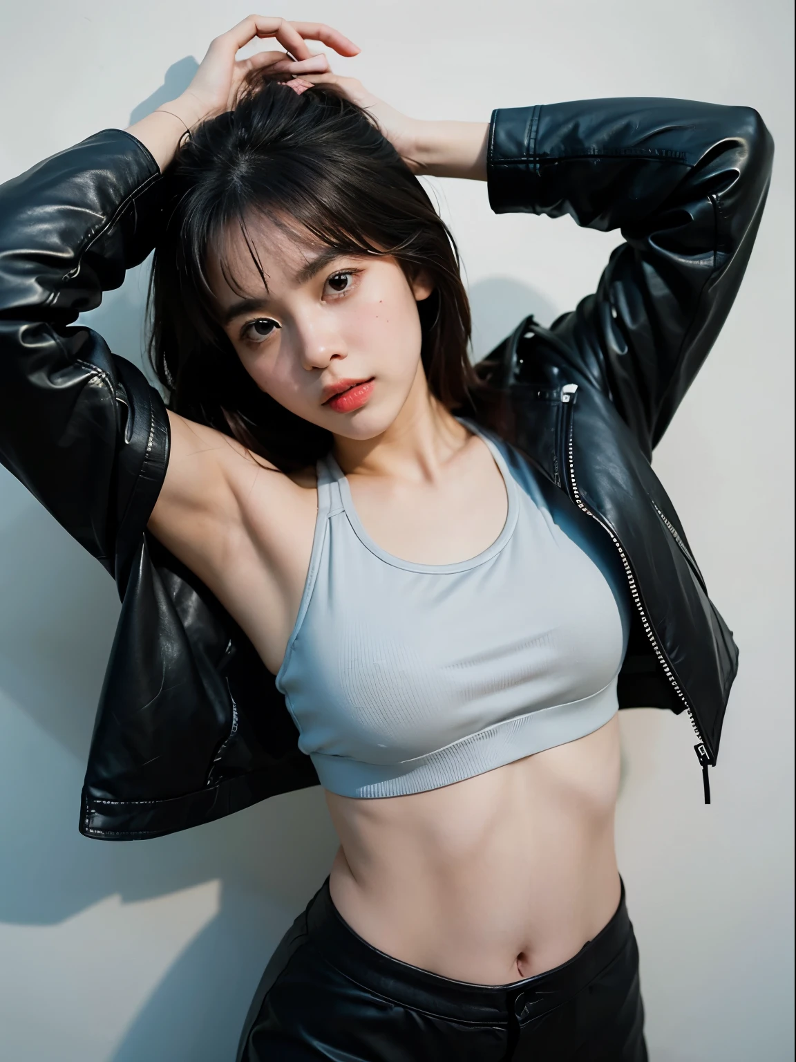 (8k、RAW Photos、top-quality、​masterpiece:1.2)、(realistic Photo-realsitic:1.37)、1girl in、japanese, 18-years old, face lights, Detailed face、Detailed lips, (wearing a black faux leather jacket over silver sports bra:1.5), (exposed right shoulder and armpit :1.5), seductive pose, opened jacket, long black hair,