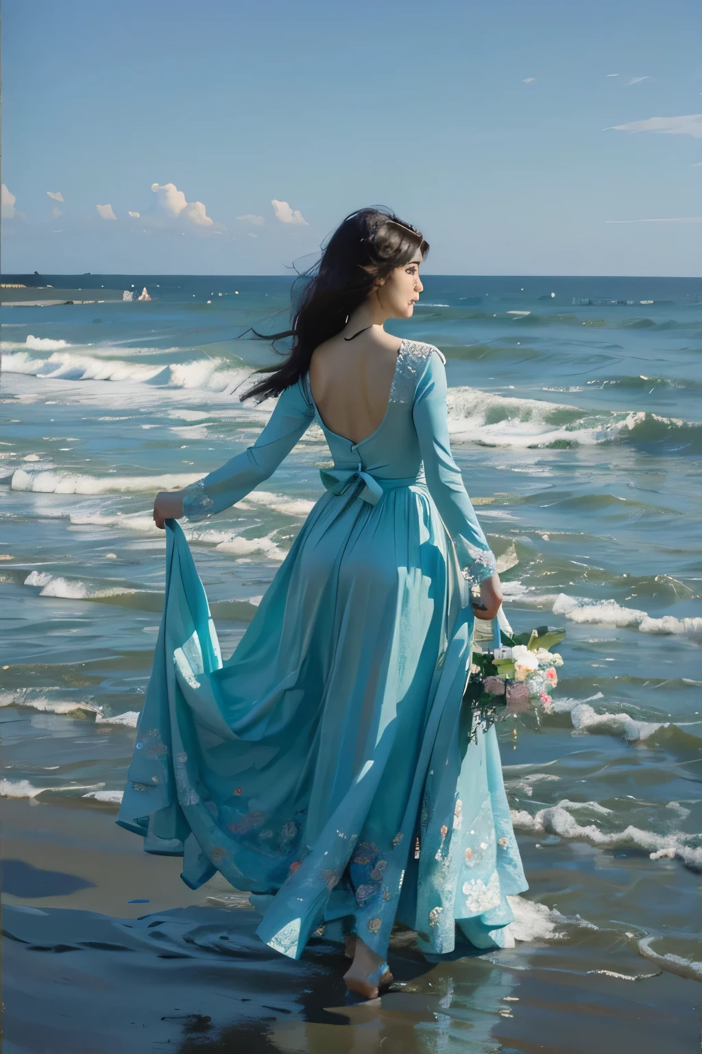 actual, actual, photographic, masterpiece, best quality, super detailed,1 girl, water, flowers,
blue theme, skirt, moon, standing in water, flowing long skirt, flowers,
petal, Minimalism, Ocean view, Ocean view, Ocean, full moon, dynamic action,
dynamic scene