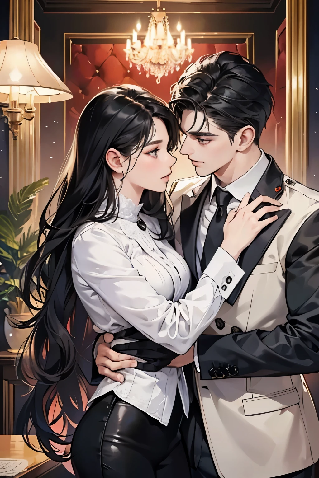(table top, digital art, digital illustration, 4k, 8k, Super detailed, beautiful images, clear image, realistic, RAW photo, perfect face, perfect lines, perfect eyes, soft lighting) 1 female, (long black hair,straight hair,bullish look,Beautiful woman,man in suit,solid makeup,23 year old female,:1.3),secretary, Two handsome men in suits, (human,man in suit,muscular,solid shoulder width, human,boyish hairstyle,british gentleman's style,A man in his 30s with a cool expression,28 year old man with a bright smile:1.2),night office scene,antique furniture,antique clamp,antique chair,chandelier,party、couple、coupleキス、romance、romanceポルノ、look at each other、hug each other