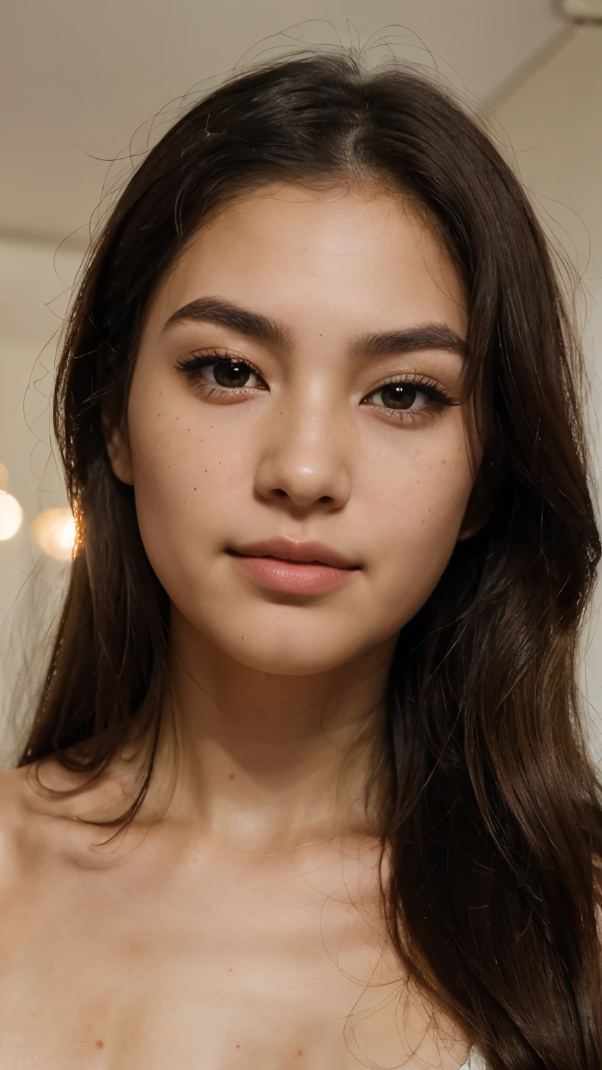 “A teenage of about 27 to 28year old Asian girl with fair skin and brown eyes is looking at the camera. Her almond-shaped eyes have a deep brown iris. She has a soft smile on her naturally pink lips and less dense eyebrows. Her hair is long and black. She has a chubby, oval-shaped face with high cheekbones and a medium-sized nose. Her skin has a natural glow, freckles, and a subtle blush. She is under soft lighting that highlights her skin texture. She is looking upwards, showing her long eyelashes. Her full lips have a natural gloss. She has various expressions, from surprise to laughter. A high-resolution image captures all her skin details. She is posing for a photoshoot with slight makeup, enhancing her natural beauty a little shine in her hair for clarity or texture even tone in skin highly detail photoshoot for the front face from a distance of about 1 to 1.5 metre with slight blush and face structure from urvashi rautela crystal clear skin with natural glow