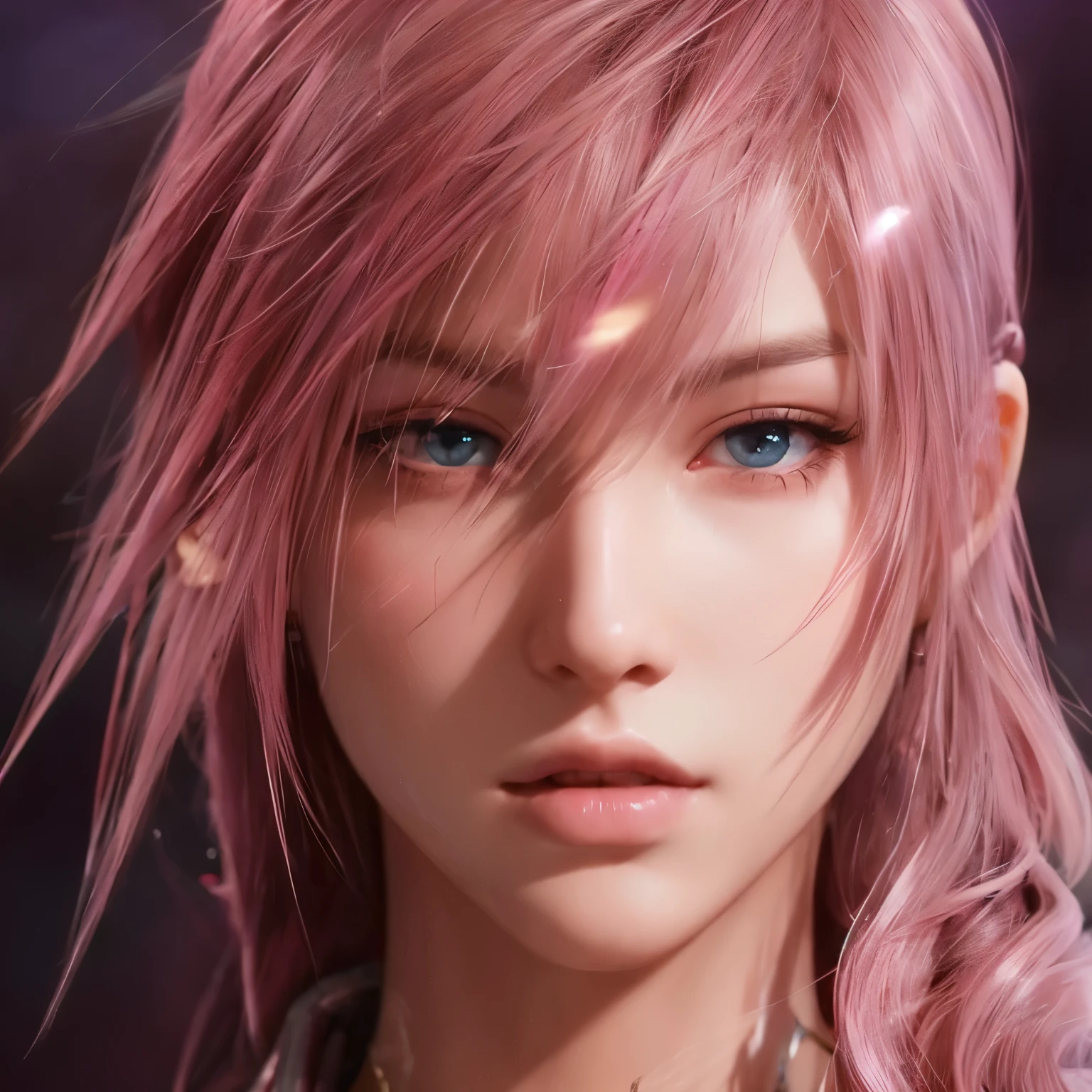 Masterpiece, Best Quality, 1girls, profile, FINAL FANTASY, lightning, long bangs, hair color dark pink, mesh Red-purple, pink lips, slightly upturned nose, long eyelashes, realistic skin texture, gallant face, sad look, wilderness background, adventurer's clothes,