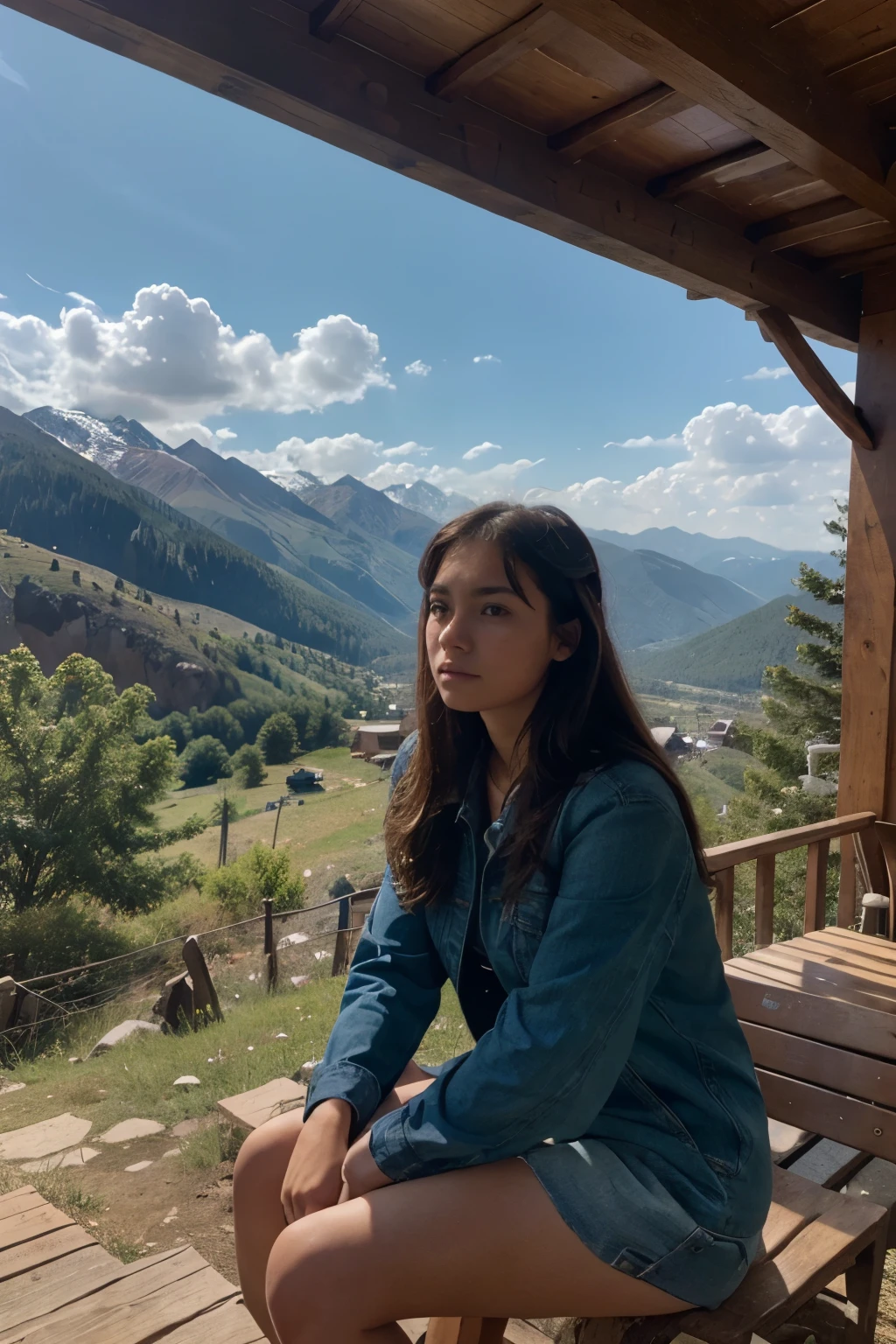 Sad girl sits and looks into the distance. Everything happens high in the mountains