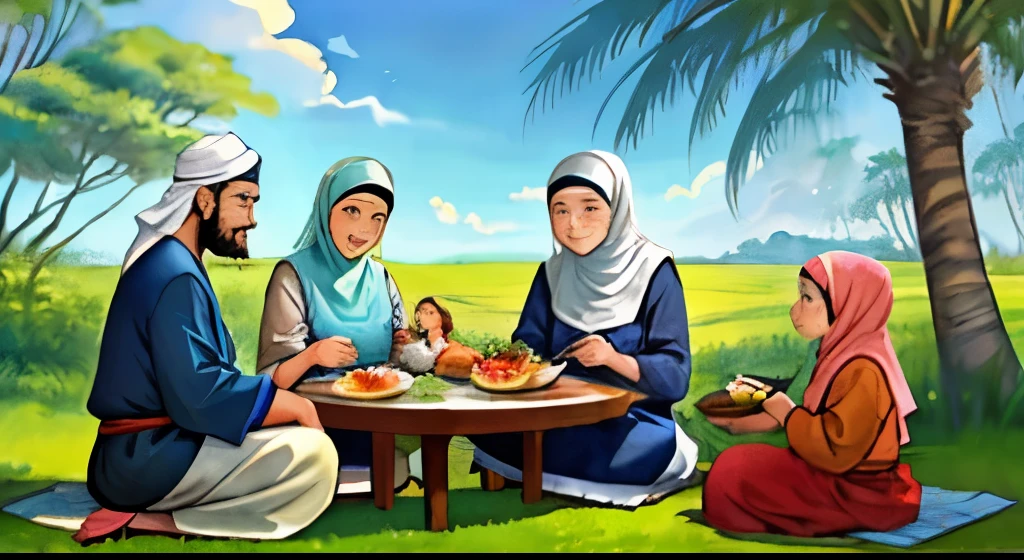 Watercolor-style illustration of a Indonesian Muslim family, deeply engrossed in their lunch around a circular table laid out on the ground. The verdant backdrop of a toddy palms farm provides a serene ambiance to this scene. The father's face, adorned with a thick beard and maturing lines, exudes wisdom and contentment. The mother's gentle features, accentuated by her thick eyebrows and soft smile, reflect warmth and nurturing. The children's eager faces, with their bright eyes and gleaming teeth, radiate curiosity and joy. The detailed facial features bring out the unique charm and character of each family member, capturing the essence of their shared moment of together