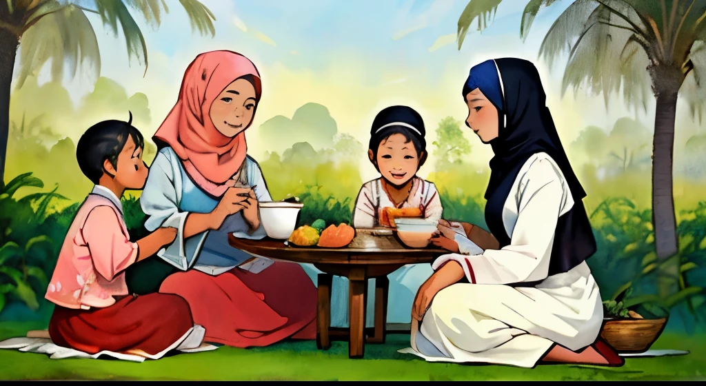Watercolor-style illustration of a Indonesian Muslim family, deeply engrossed in their lunch around a circular table laid out on the ground. The verdant backdrop of a toddy palms farm provides a serene ambiance to this scene. The father's face, adorned with a thick beard and maturing lines, exudes wisdom and contentment. The mother's gentle features, accentuated by her thick eyebrows and soft smile, reflect warmth and nurturing. The children's eager faces, with their bright eyes and gleaming teeth, radiate curiosity and joy. The detailed facial features bring out the unique charm and character of each family member, capturing the essence of their shared moment of together