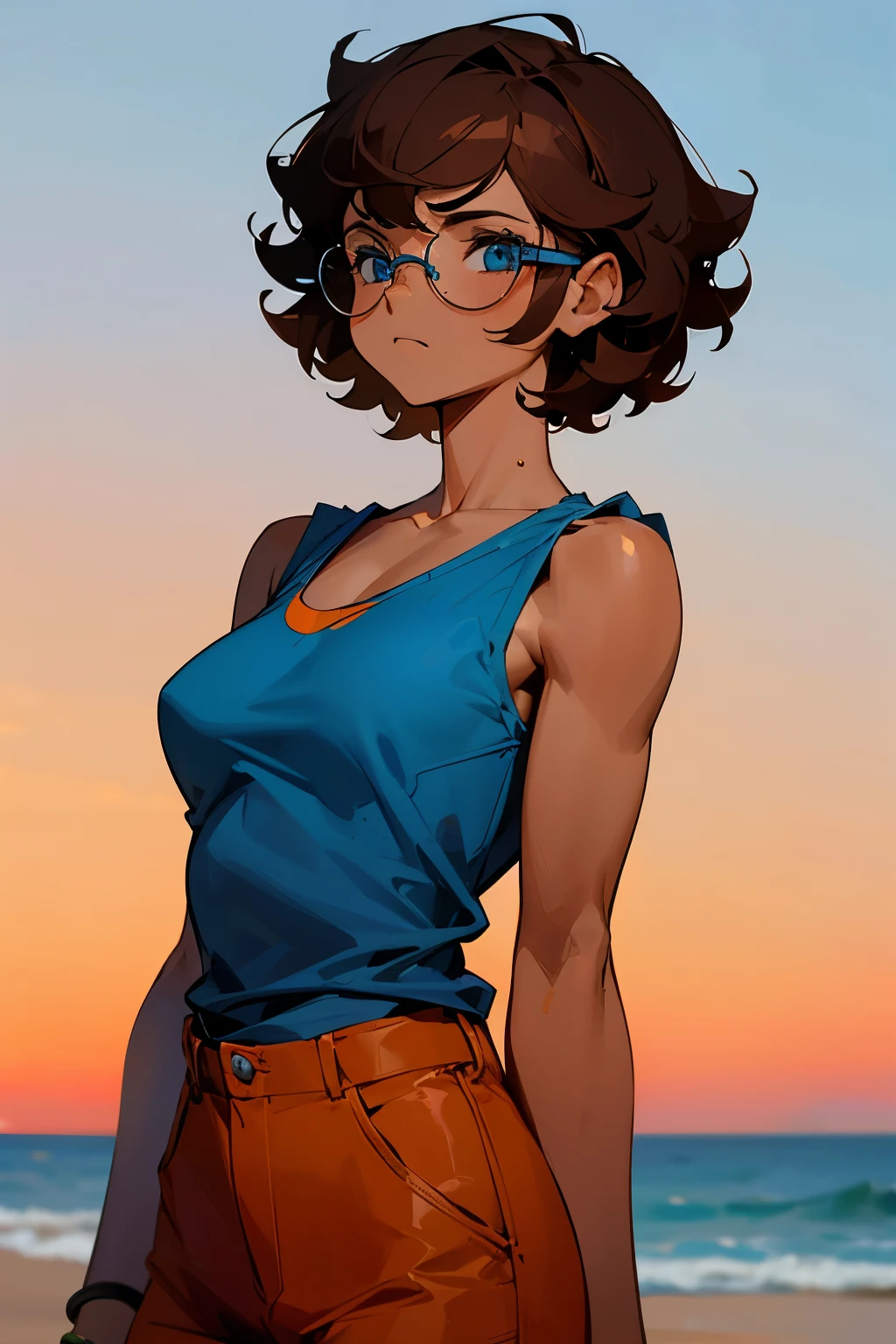 short curly hair, blue shirt, young female, blue eyes, sunset, brown hair, angry, sandy background, caramel skin tone, muscular, orange pants, glasses
