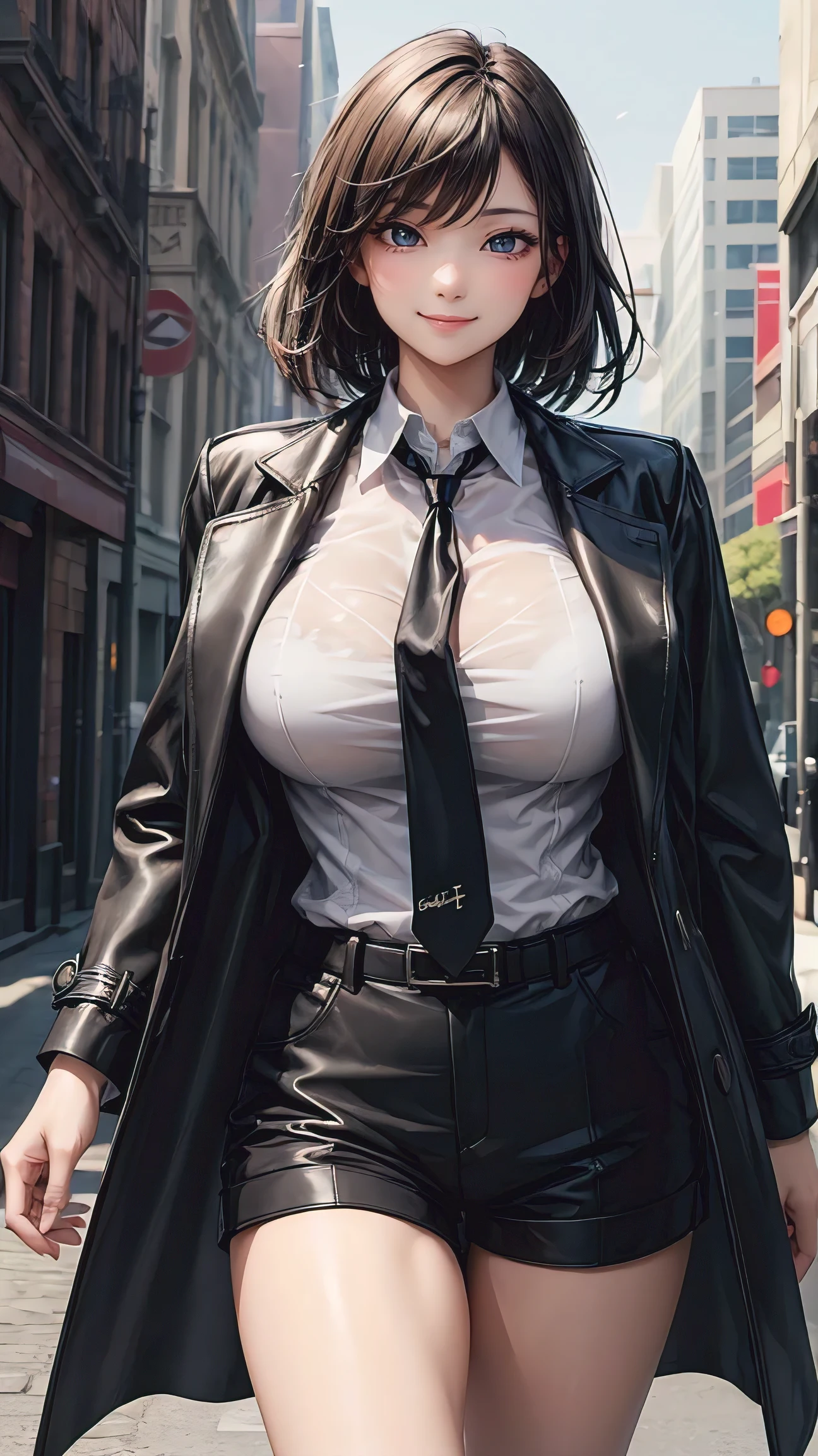 (best quality, masterpiece:1.2), perfect body, attractive, huge breasts, (white shirt, black neckties, black shorts, trenchcoat), city streets, walking pose, confident, elaborate details, 8k, uhd, pbr, hdr