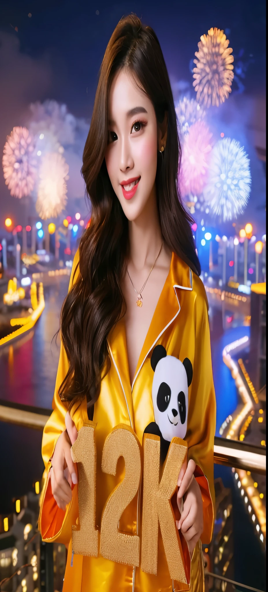 wanita cantik china korea berambut panjang mengenakan baju piyama tidur berlengan warna kuning motif panda .celana panjang tidur, wanita senyum cantik dan foto realistis. gambaran berdiri seluruh tubuh. memegang tulisan emas "12K members". tulisannya bercahaya.pose model cantik.latar belakangnya adalah rooftop bar mewah yang menyuguhkan pemandangan gedung,sungai, jalan, lampu di malam hari, kembang api besar berwarna-warni di langit. gambar seni digital realistis, sudut lebar, lanskap, uhd, 32k, sangat penuh warna