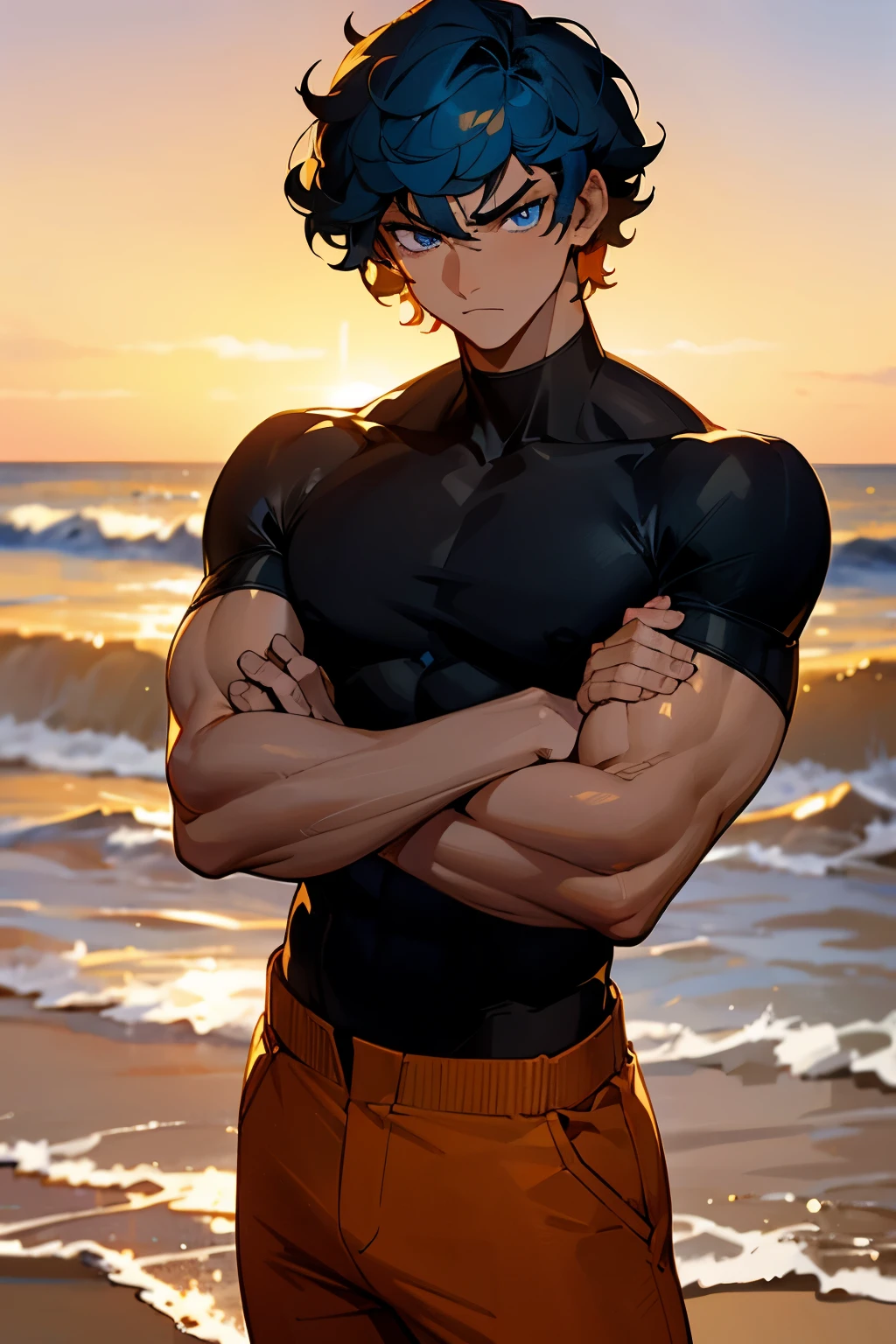 short curly hair, black shirt, young male, blue eyes, sunset, golden hair, angry, sandy background, caramel skin tone, muscular, orange pants,arms crossed