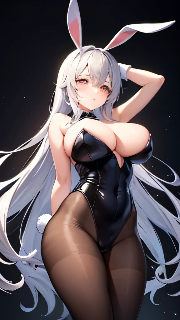 masterpiece, highest quality, Super detailed, 　girl、短いblack髪、big breasts、big ass、Bunny girl、black　pantyhose、High leg、T-back、A face that looks like it&#39;s about to cry、Are standing、rabbit ears、white gloves、