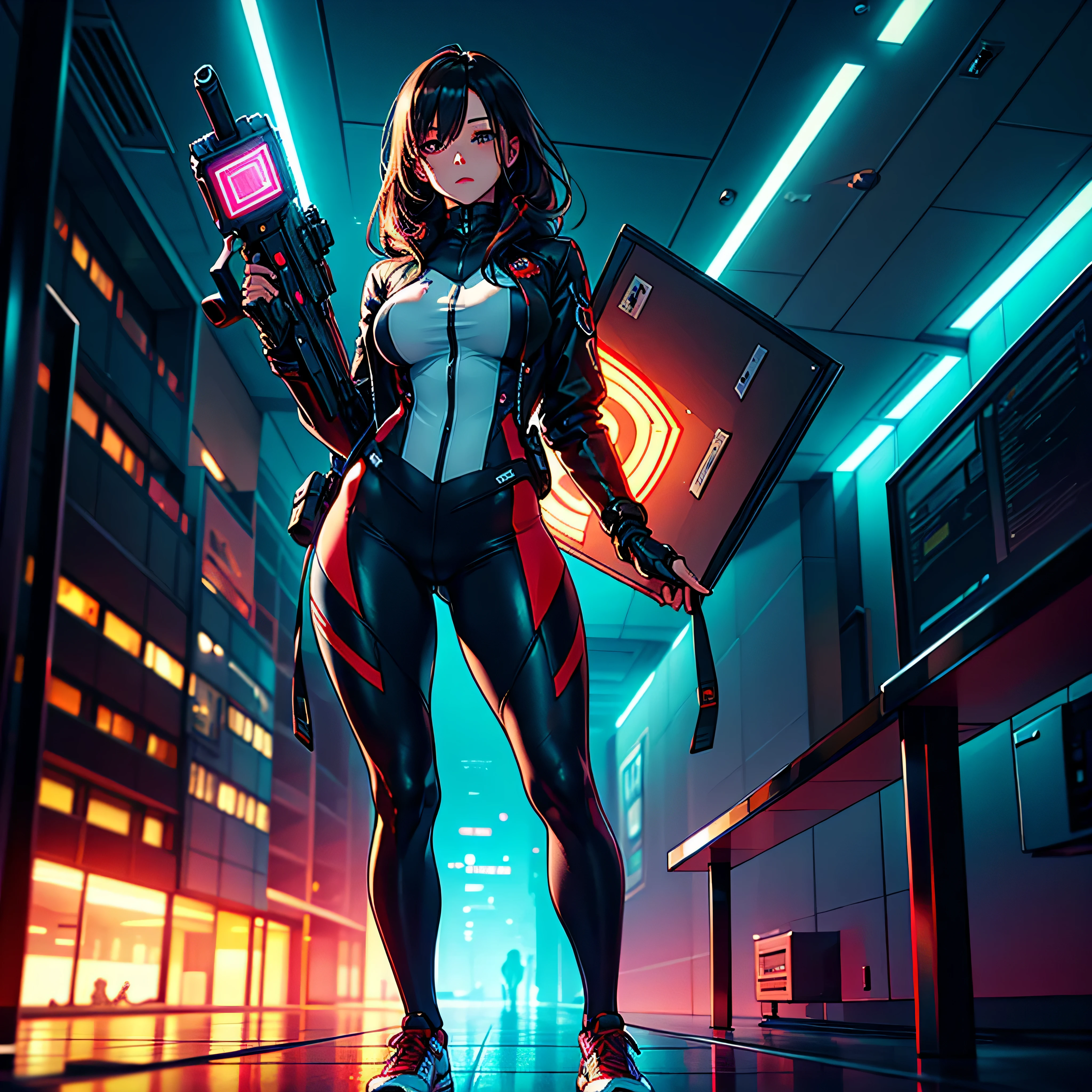 An ultra-realistic and ultra-detailed ((full body portrait)) Intricate (Caucasian) Spy Goddess with dark hair, Sneakers, hearts, Standing Holding And Aiming A Bulky Oversized Silenced Gun, Netrunner, Vigilante, Classy, Sassy, Fantastically Colorful, Futuristic Sexy Shorts Fashion Minimalistic Military Clothing, Augmented Reality, Futuristic Rainbow Glowing Presence Of Absolution And Fantastical Force, ultra Sharp Focus, Visual-Depth, ultra Highly Detailed, (ultra Highest Artistic Quality), absolutely outstanding image, ultra high-resolution, ultra high-definition, UHD, HDR, saturate, reflection, varied multi etc. --v6 --s1000 --c20 --q5 --chaos100