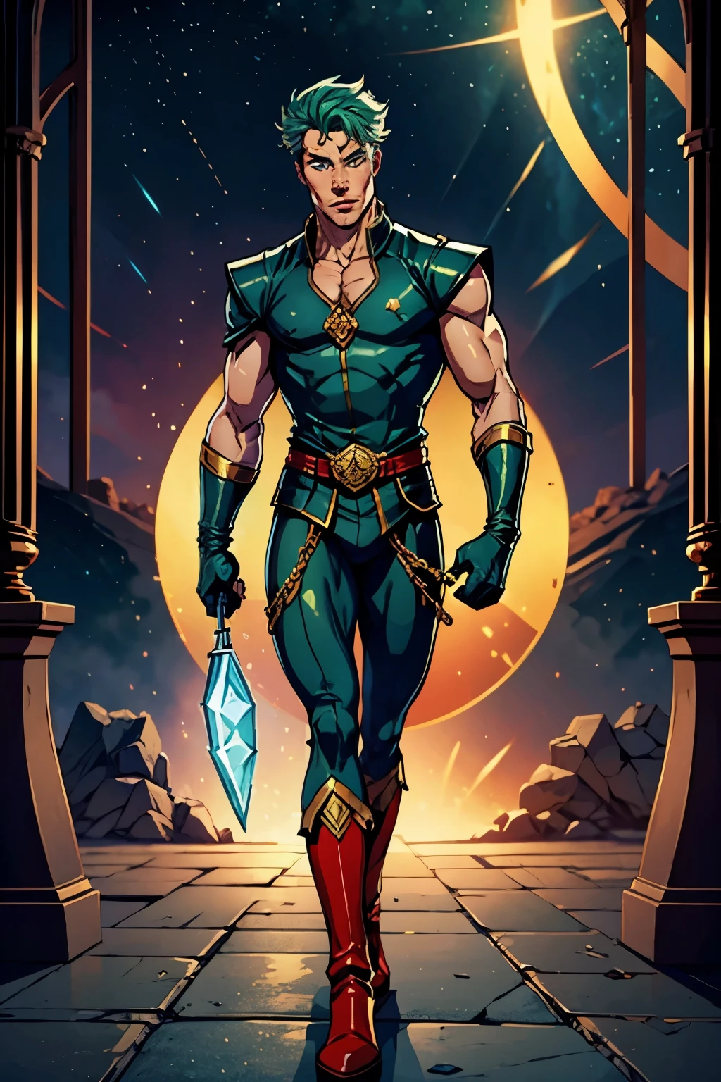 man with green hair, golden globe emblem on his chest, red boots and gloves, blue eyes and blue crystalline skin.