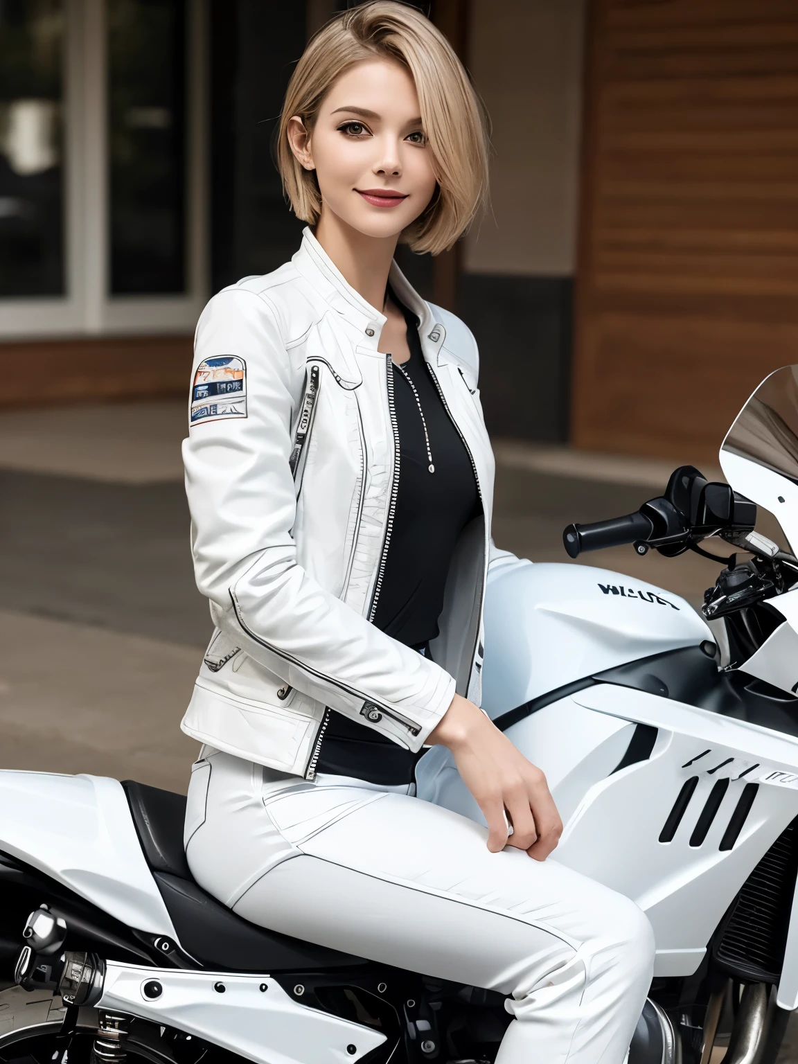 ((highest quality)), ((masterpiece)), (detailed motorcycle), perfect face、Accurate five-fingered hands、double eyelids、small face、realistic skin texture、full body shot、long legs、Beauty、((white jacket and pants))、smile、slender body、Moist eyes、((spread legs))、((riding a motorcycle))、short hair