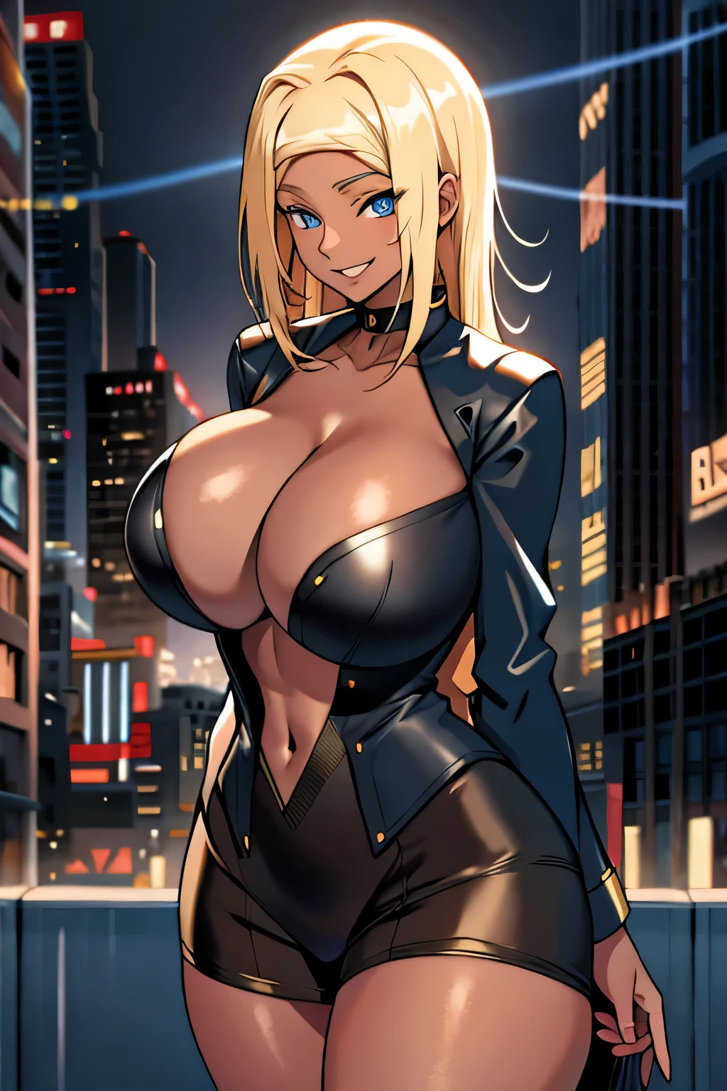 long blonde hair, colored skin, brown skin, blue eyes, solo, smiling, standing, upper body, hips, gigantic breasts, black clothes, cleavage