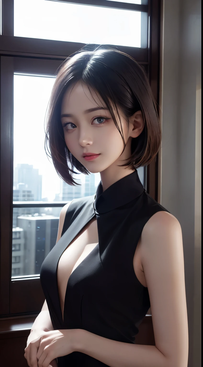 highest quality, ultra high resolution,  beautiful Eyes, very short hair, beautiful,Working on the 6th floor of Akasaka Building、 perfect style, perfect balance, fine skin、looking at camera,face focus,Backlight