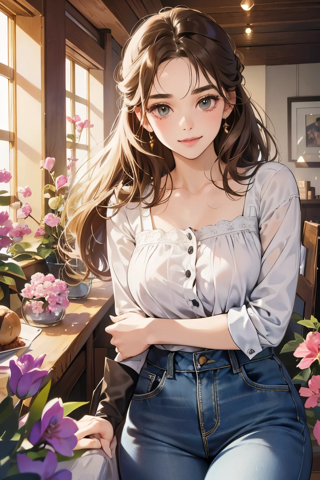 (table top, digital art, digital illustration, 4k, 8k, super detailed, beautiful images, clear image, realistic, RAW photo, perfect face, perfect lines, perfect eyes, soft lighting) 1 female, (light brown hair,chignon hair,innocent look,droopy eyebrows,droopy eyes、With a round face,round chin、innocence,cute,Big eyes,natural makeup,smile gently,E cup,23 year old female:1.3),Two handsome men in suits, (human,man wearing a suit,muscular,solid shoulder width,  mannish hairstyle,A man in his 30s with a cool expression,28 year old man with a bright smile:1.2),flower shop,おflower shopさんの店頭で,flower cottage,colorful flowers,lots of flowers、skinny denim,white shirt,kiss、couple、couplekiss、見つめ合うcouple、hug each other、romance、romanceポルノ、