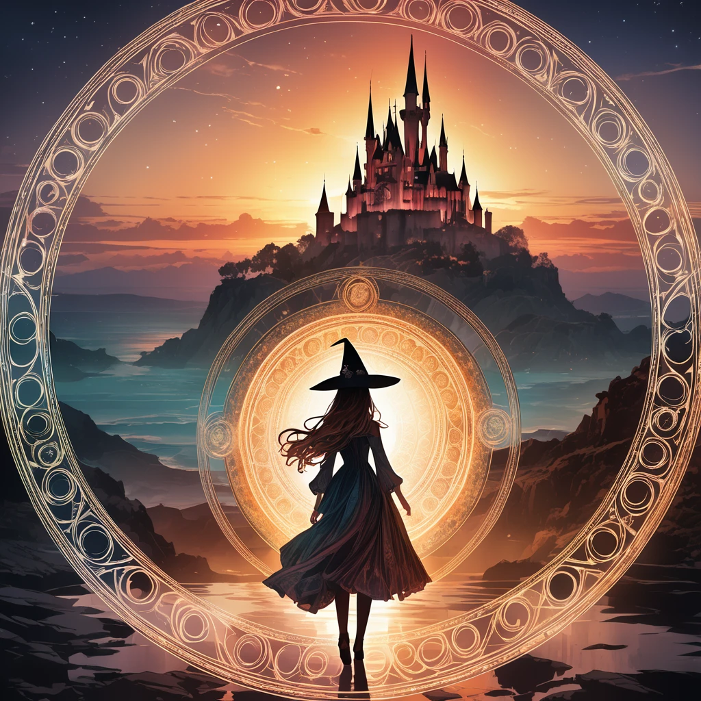 (Magic Circle:1.5), aesthetic, extremely detailed, Digital fantasy double exposure watercolor silhouetted pretty young sorceress woman with witch hat doing a magic spell with a present castle sunset in the dress. Geometric forms in the background, by Waterhouse, Carne Griffiths, Minjae Lee, Ana Paula Hoppe, Stylized watercolor art, Intricate, Complex contrast, HDR, Sharp, soft Cinematic Volumetric lighting, flowery fractal colours, wide long shot, perfect masterpiece