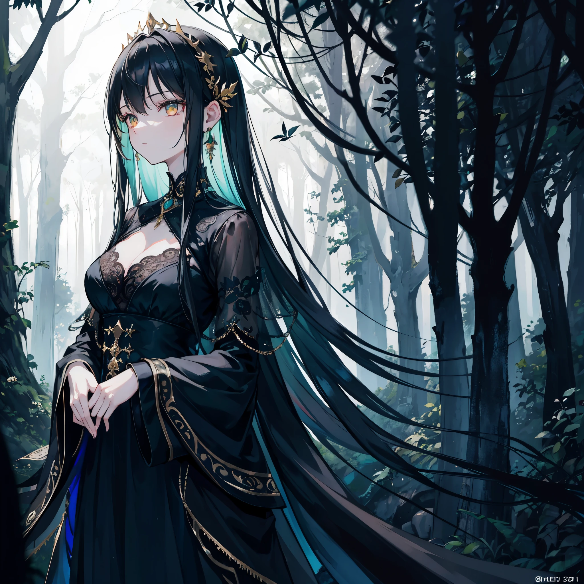 (best quality,realistic),girl,straight black hair,golden eyes,solemn expression,full body view,wearing black goth core dress,standing in a mysterious forest,backlit by the moonlight,vivid colors,dark and moody atmosphere,deep shadows,soft ethereal glow,emerald green leaves rustling in the wind,subtle hints of fog creating an eerie ambiance,ancient trees towering overhead,branches reaching out like skeletal hands,exquisite attention to detail in the lace patterns of the dress,elaborate silver jewelry adorning her neck and wrists,her delicate features highlighted by a gentle glow,eyes full of wisdom and secrets,ears adorned with elegant black earrings,the forest alive with mystical energy,whispers of unseen creatures in the distance,leaves gently falling like confetti,creating a surreal and enchanting scene,inviting viewers to immerse themselves in the girl's mysterious world.
