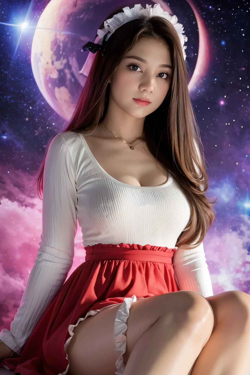 4K Ultra HD, Masterpiece, A girl with a magical aura, Good face, Long hair, shinny hair, Detailed eyes, Glossy lips, Wearing a red ****ta costume, The aura around the body, Magical effect, Spread white light, Cosmic elements and ethereal atmosphere, A mix of bright lights and colorful nebulae, universe background, Sitting, Full body capture.