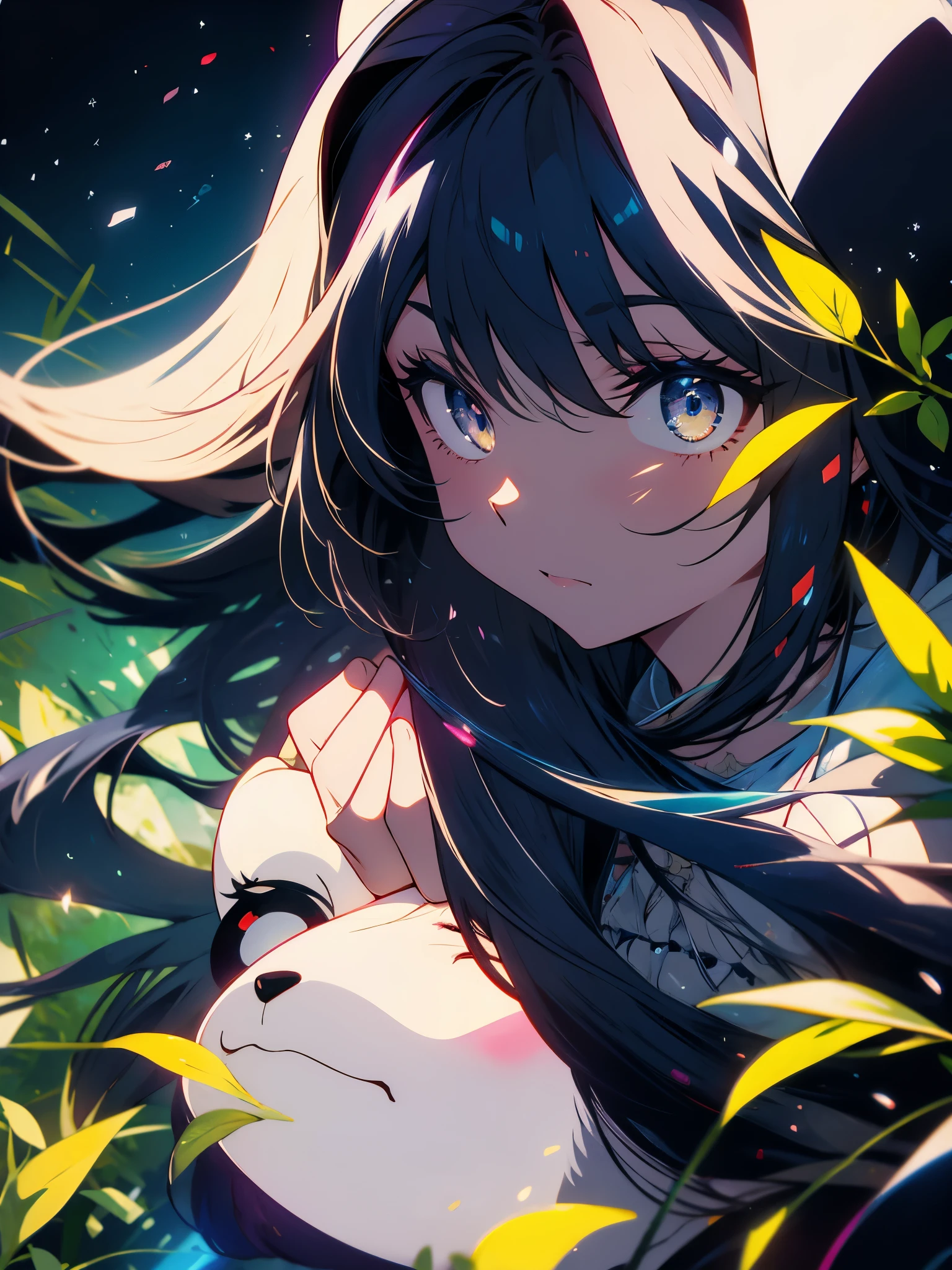 (highest quality、masterpiece、detailed)、(Shining eyes)、cute girl、Encounter a panda eating bamboo leaves、girl hugs panda、fantasy、Healing、beautiful anime
