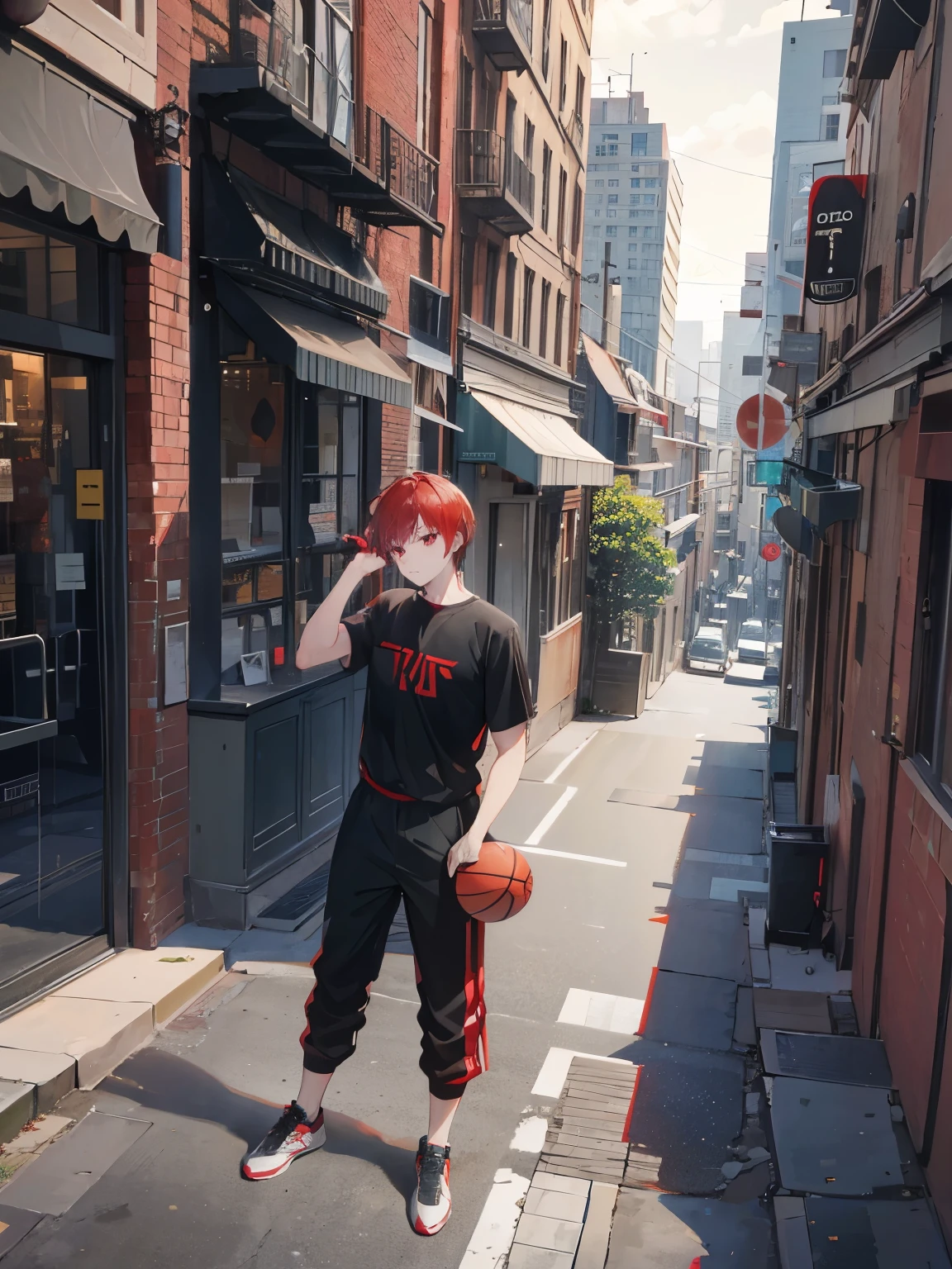 1 guy, red hair, red eyes, wearing black top, khaki bottoms, leaning on wall, holding a basketball, city, high res, ultrasharp, 8k, masterpiece, close up showing top half of body