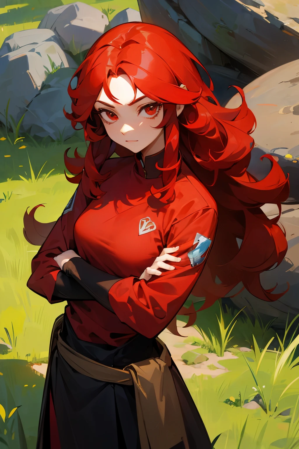 avatar, red shirt, young female, red eyes, red hair, rock terrain, grass background, long hair, curly hair, arms crossed,