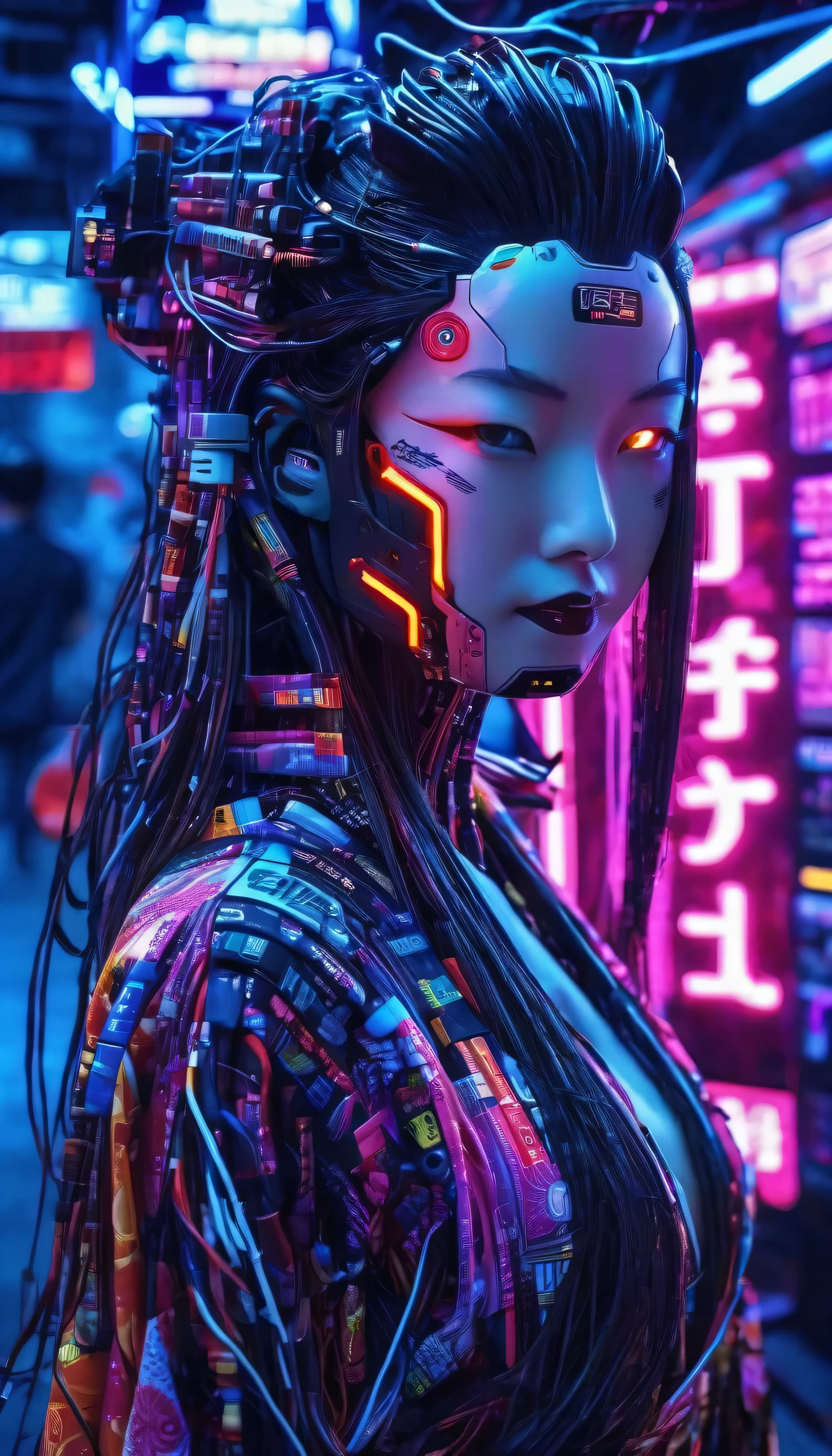 High technology, futuristic, cyborg girl, (photorealistic:1.4), long hair made of cables, robotic, lots of computer cables in the bacground, ultra high res, uhd, 8k, neon lights, japanese culture, kimono, jspanese demon