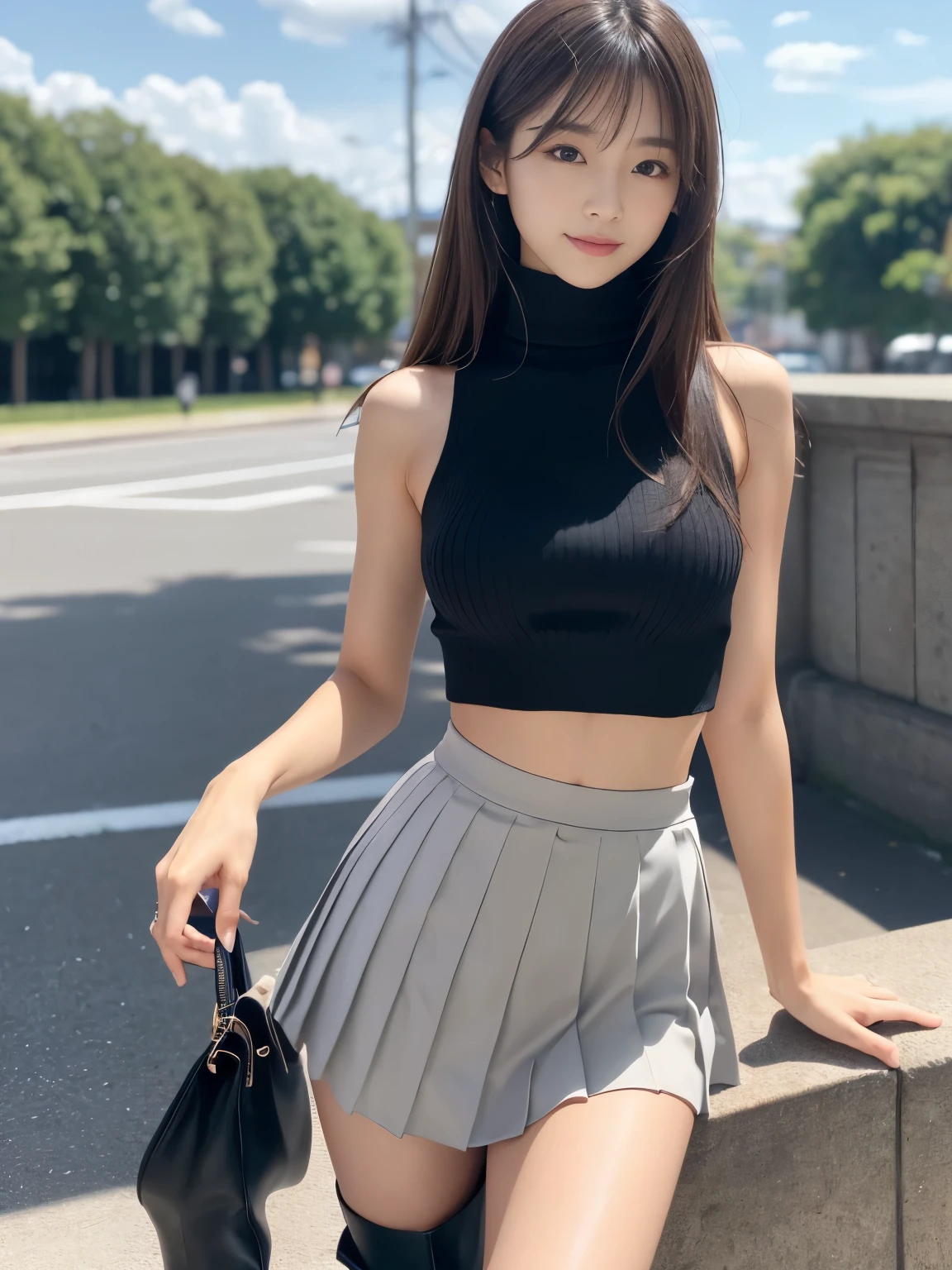 (detailed skin:1.2),(shiny skin:1.1),8k,best quality, masterpiece, ultra high res,(photorealistic:1.4), RAW photo,(soft saturation:1.3),(fair skin:1.2),1Japanese idol, gyaru, 20yo, , (Full body shot), brown hair, medium hair, asymmetrical hair, wavy hair, asymmetrical bangs,
(pretty face), (No makeup:1.3), narrow waist, beautiful lighting, small head,
(Black High Waist Mini Pleated Skirt:1.2, gray Short Turtleneck Knit:1.2, Long black boots:1.2, Korean Fashion:1.2), (bare navel:1.2, Slender Abs), Very detailed face, Very detailed lips, Detailed eyes, Double eyelids, smile, nsfw, sharp focus: 1.2, beautiful woman with perfect figure: 1.2、