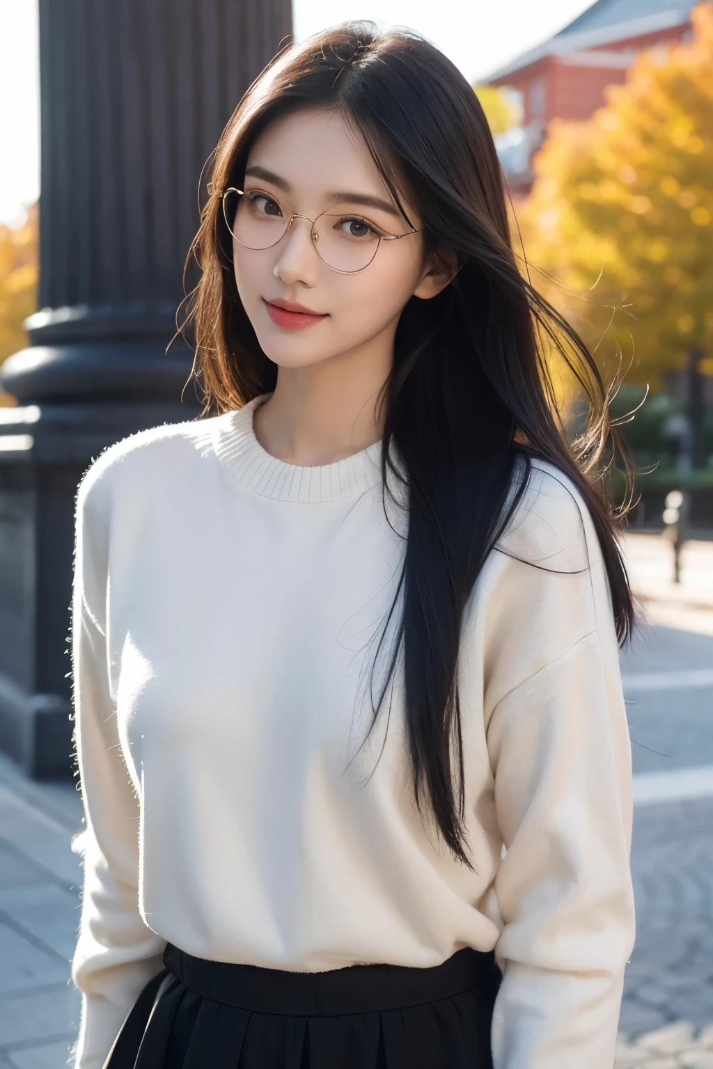 A very beautiful young Thai woman with fair skin, long straight black hair with blue highlights, light brown eyes, a defined face and super detailed soft features, a thin nose, reddish and full lips, long black eyelashes, a shy smile, wearing a sweater purple and a white skirt, black round glasses, University of Tokyo in the background, golden hour