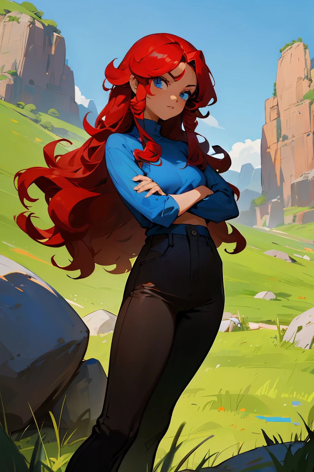 avatar, blue shirt,black pants, young female, blue eyes, red hair, rock terrain, grass background, long hair, curly hair, arms crossed, brown skin