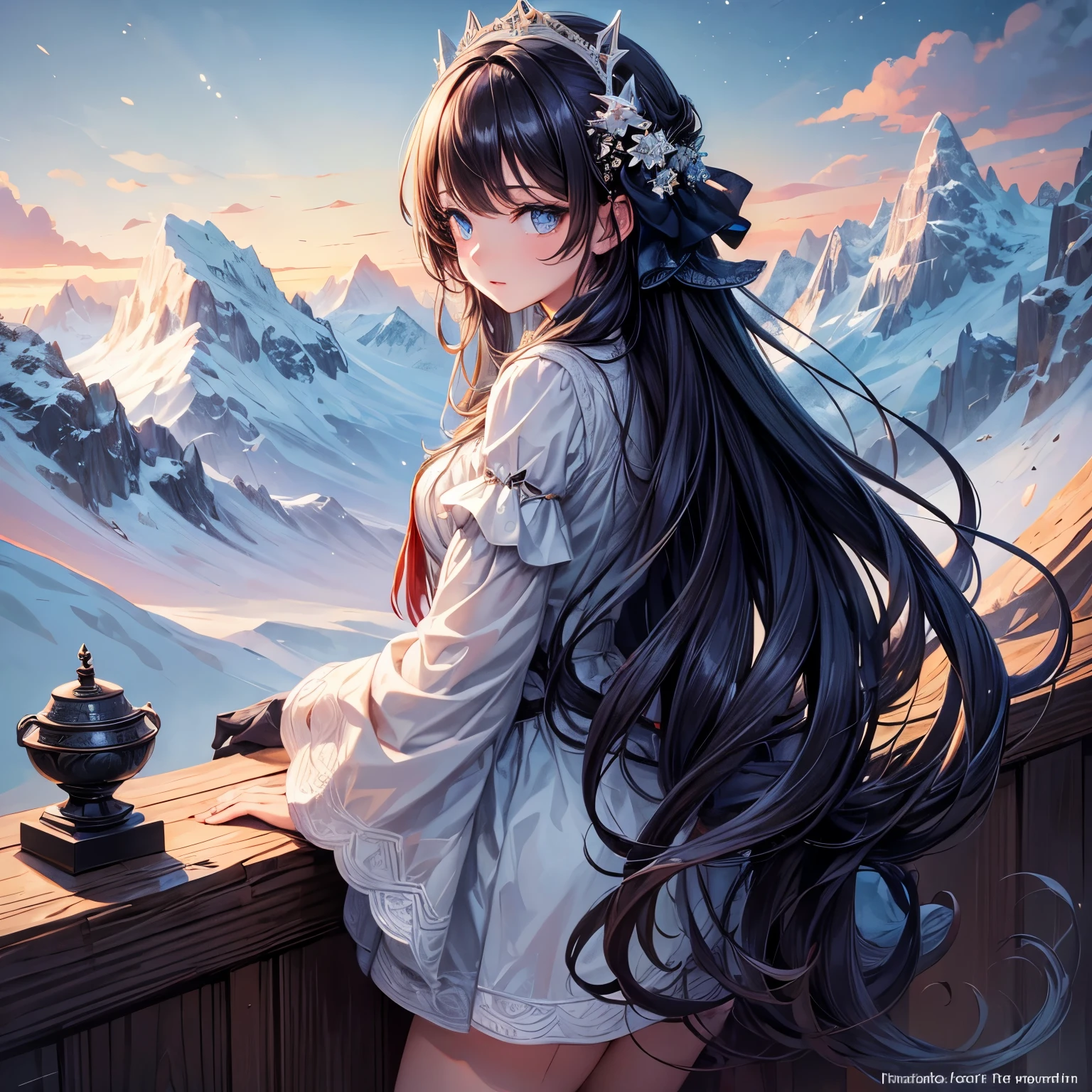 ((masterpiece)),best quality, illustration, dark, 1 girl, In the wilderness,Mountain high,Snowy mountains in the distance, castle, Beautiful and delicate eyes, beautiful fine hair,