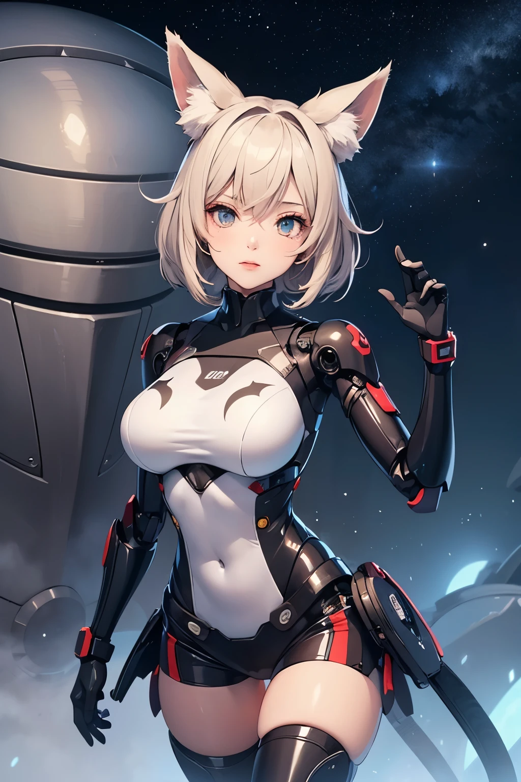 1 girl, chest, winding, large chest, humanoid robot, Claw hands, joint, no eyes, robot, robot joint, shiny, shiny skin, alone, thick thighs, thighs gap, wide hips, robot, humanoid robot, robot girl,fox ears, star ship,milkyway