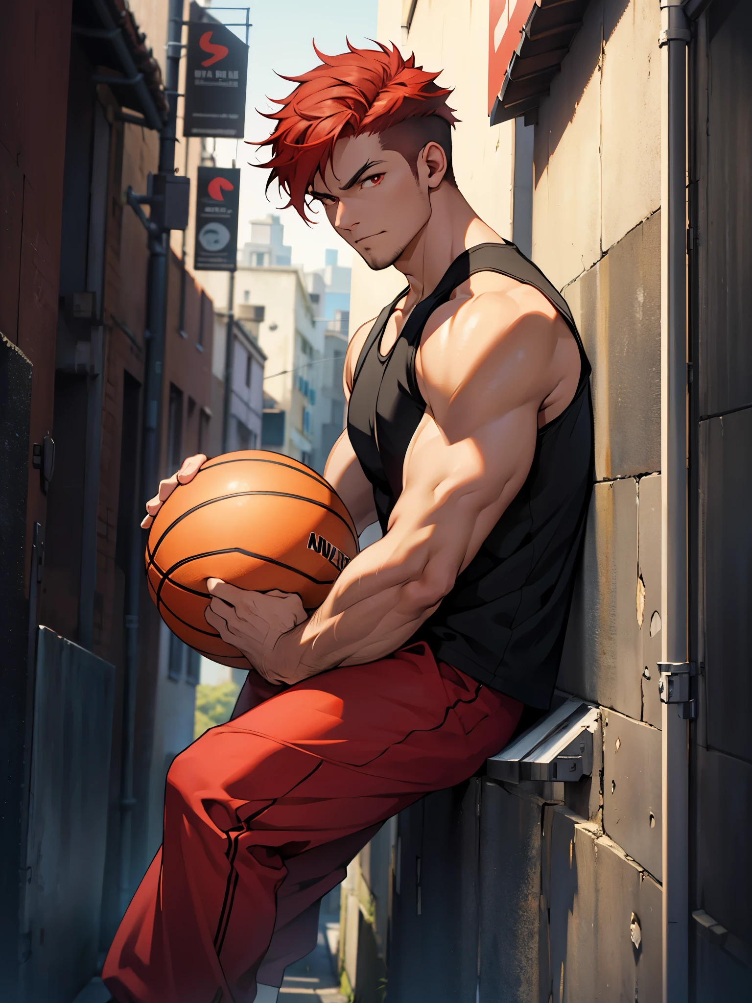 1 guy, red hair, red eyes, wearing black top, khaki bottoms, leaning on wall, holding a basketball, city, high res, ultrasharp, 8k, masterpiece, close up showing top half of body