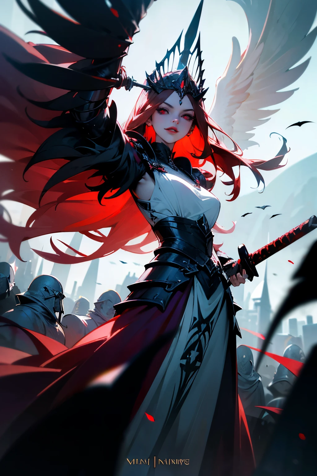 (best quality,4k,8k,highres,masterpiece:1.2),ultra-detailed,(realistic,photorealistic,photo-realistic:1.37),a beautiful villain, white clothing, red eyes, an angelic warrior outfit, sadistic expression, with a joyful expression,medium:illustration,sharp focus,dark lighting,vivid colors,evil queen,villainous,menacing,sinister smile,gorgeous yet wicked,hauntingly beautiful,striking presence,blood-red lips,pale white skin,long flowing dark hair,ornate armor,elaborate headdress,feathers and spikes,ominous aura,destruction and chaos,powerful and commanding presence,confident and fearless,dominant stance,wielding a wickedly sharp sword,shadows and smoke swirling around her,dark wings spread wide,ominous background with stormy skies and lightning,an army of loyal minions standing in the background,fearful and intimidated, ready to carry out her every command