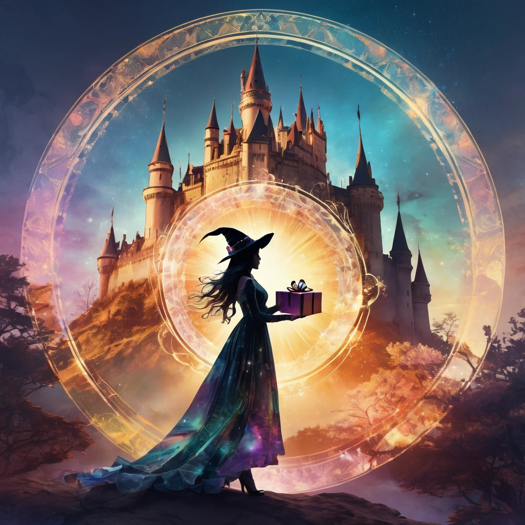 (Magic Circle:1.5), aesthetic, extremely detailed, Digital fantasy double exposure watercolor silhouetted pretty young sorceress woman with witch hat doing a magic spell with a present castle sunset in the dress. Geometric forms in the background, by Waterhouse, Carne Griffiths, Minjae Lee, Ana Paula Hoppe, Stylized watercolor art, Intricate, Complex contrast, HDR, Sharp, soft Cinematic Volumetric lighting, flowery fractal colours, wide long shot, perfect masterpiece