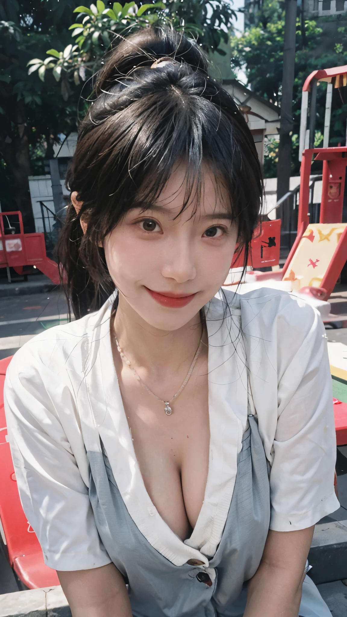 best quality, ultra high resolution, (realistically:1.4), issued,Baoyu Girl, high ponytail,A pair of clear and charming peach blossom eyes,Royal sister,Uniforms,The sun shines on the face,scroll,(school playground:1.4),(necklace:1.2),(White skin:1.9),(Full body female love:1.2)a sense of atmosphere,a beautiful girl, Smile,Looking directly at the viewer, Close-up cleavage ,(lifelike:1.4),1 girl,Sexy,(Upper body:1.4),(wet),(:1.2)
