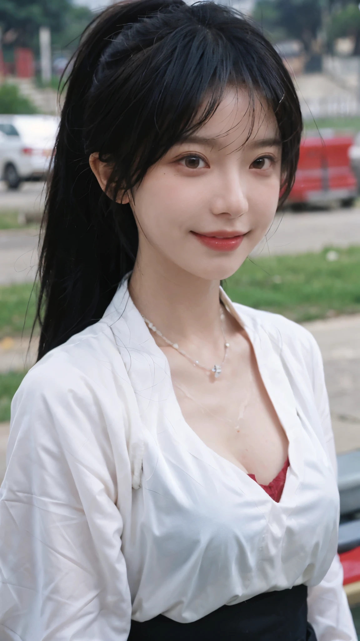 best quality, ultra high resolution, (realistically:1.4), issued,Baoyu Girl, high ponytail,A pair of clear and charming peach blossom eyes,Royal sister,Uniforms,The sun shines on the face,scroll,(school playground:1.4),(necklace:1.2),(White skin:1.9),(Full body female love:1.2)a sense of atmosphere,a beautiful girl, Smile,Looking directly at the viewer, Close-up cleavage ,(lifelike:1.4),1 girl,Sexy,(Upper body:1.4),(wet),(:1.2)